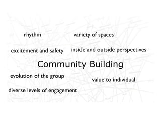 rhythm              variety of spaces

 excitement and safety inside and outside perspectives
       Networked life, networked
       work, networked learning
         Community Building
evolution of the group
                                 value to individual
diverse levels of engagement
 