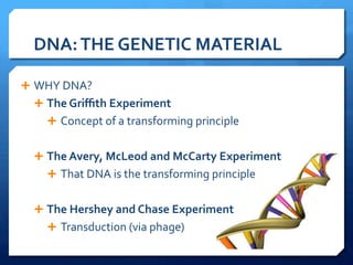 DNA:	
  THE	
  GENETIC	
  MATERIAL	
  
Ê  WHY	
  DNA?	
  
Ê The	
  Griﬃth	
  Experiment	
  
Ê  Concept	
  of	
  a	
  transforming	
  principle	
  
Ê The	
  Avery,	
  McLeod	
  and	
  McCarty	
  Experiment	
  
Ê  That	
  DNA	
  is	
  the	
  transforming	
  principle	
  
Ê The	
  Hershey	
  and	
  Chase	
  Experiment	
  
Ê  Transduction	
  (via	
  phage)	
  
	
  
 