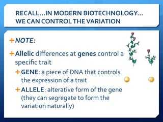 RECALL…IN	
  MODERN	
  BIOTECHNOLOGY…
WE	
  CAN	
  CONTROL	
  THE	
  VARIATION	
  
Ê NOTE:	
  
Ê Allelic	
  diﬀerences	
  at	
  genes	
  control	
  a	
  
speciﬁc	
  trait	
  
Ê GENE:	
  a	
  piece	
  of	
  DNA	
  that	
  controls	
  
the	
  expression	
  of	
  a	
  trait	
  
Ê ALLELE:	
  alterative	
  form	
  of	
  the	
  gene	
  
(they	
  can	
  segregate	
  to	
  form	
  the	
  
variation	
  naturally)	
  
	
  
 