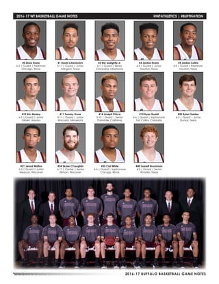 2016-17 BUFFALO BASKETBALL GAME NOTES
#0 Drew Evans
6-3 | Guard | Freshman
Chicago, Illinois
#1 David Chavlovich
5-11 | Guard | Junior
Arlington, Texas
#2 Eric Golightly Jr.
6-1 | Guard | Senior
Chickasha, Oklahoma
#3 Jordan Evans
6-5 | Guard | Junior
Houston, Texas
#5 Jordan Colins
6-0 | Guard | Freshman
Houston, Texas
#10 Eric Mosley
6-5 | Guard | Junior
Gilbert, Arizona
#11 Tommy Gove
5-11 | Guard | Junior
Waconia, Minnesota
#14 Joseph Prince
5-10 | Guard | Senior
Palmdale, California
#15 Ryan Quaid
6-6 | Guard | Sophomore
Fort Collins, Colorado
#20 Rylan Gerber
6-3 | Guard | Junior
Dumas, Texas
#21 Jerrod Walton
6-5 | Guard | Junior
Mequon, Wisconsin
#24 Skyler O’Laughlin
6-11 | Center | Senior
Elkhorn, Wisconsin
#35 Carl White
6-6 | Guard | Sophomore
Chicago, Illinois
#40 Garrett Brockman
6-2 | Guard | Senior
Amarillo, Texas
2016-17 WT BASKETBALL GAME NOTES	 @WTATHLETICS | #BUFFNATION
 