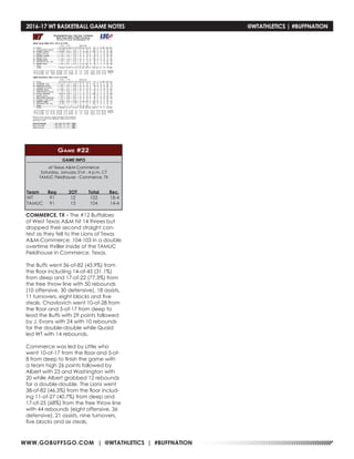 WWW.GOBUFFSGO.COM | @WTATHLETICS | #BUFFNATION
2016-17 WT BASKETBALL GAME NOTES	 @WTATHLETICS | #BUFFNATION
GAME INFO
at Texas A&M-Commerce
Saturday, January 21st - 4 p.m. CT
TAMUC Fieldhouse - Commerce, TX
Game #22
COMMERCE, TX - The #12 Buffaloes
of West Texas A&M hit 14 threes but
dropped their second straight con-
test as they fell to the Lions of Texas
A&M-Commerce, 104-103 in a double
overtime thriller inside of the TAMUC
Fieldhouse in Commerce, Texas.
The Buffs went 36-of-82 (43.9%) from
the floor including 14-of-45 (31.1%)
from deep and 17-of-22 (77.3%) from
the free throw line with 50 rebounds
(10 offensive, 30 defensive), 18 assists,
11 turnovers, eight blocks and five
steals. Chavlovich went 10-of-28 from
the floor and 5-of-17 from deep to
lead the Buffs with 29 points followed
by J. Evans with 24 with 10 rebounds
for the double-double while Quaid
led WT with 14 rebounds.
Commerce was led by Little who
went 10-of-17 from the floor and 5-of-
8 from deep to finish the game with
a team high 26 points followed by
Albert with 23 and Washington with
20 while Albert grabbed 12 rebounds
for a double-double. The Lions went
38-of-82 (46.3%) from the floor includ-
ing 11-of-27 (40.7%) from deep and
17-of-25 (68%) from the free throw line
with 44 rebounds (eight offensive, 36
defensive), 21 assists, nine turnovers,
five blocks and six steals.
Team	Reg	 2OT	 Total	 Rec.
WT	 91	 12	 103	18-4
TAMUC	91	 13	 104	 14-4
 