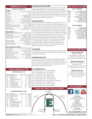 2015-16 BUFFALO BASKETBALL GAME NOTES
WTAMU Quick Facts
UNIVERSITY INFORMATION
General	
Location.................................. Canyon, Texas 79015
Founded...............................................................1910
Enrollment...........................................................9,368
Colors............................................... Maroon & White
Nickname........................................... Buffaloes/Buffs
Affiliation........................................... NCAA Division II
Conference.......................... Lone Star Conference
President....................................... Dr. Patrick O’Brien
Athletic Director..........................Michael McBroom
Arena.................................. First United Bank Center
Capacity.............................................................4,800
Athletic Department Phone.............(806) 651-4400
Ticketing & Donor Relations.....................Casey Lish
Ticket Office........................................(806) 651-1414
Athletic Website.....................www.gobuffsgo.com
Media Relations	
Assistant Director/MBB Contact.............Brent Seals
Office Phone.......................................(806) 651-4442
E-Mail Address.......................... bseals@wtamu.edu
Media Relations Office Fax...............(806) 651-4409
Mailing Address........................... WTAMU Box 60049
	 Canyon, Texas 79016
Athletic Website....................www.GoBuffsGo.com
Athletics Twitter....................................@WTAthletics
Athletics Facebook...................... .com/WTAthletics
Athletics Hashtag...................................#BuffNation
Men’s Basketball Information	
Head Coach....................Tom Brown (2nd Season)
Overall Record........................................17-12 (.586)
Alma Mater...................................Winona State, ‘93
Basketball Office Phone....................(806) 651-2697
Associate Head Coach..........................Chris Gove
Assistant Coach......................... Quincy Henderson
Assistant Coach.........................................Dan Kratz
Head Athletic Trainer...............................Chris Dane
Strength & Conditioning....................... Matt Segura
LSC Players of the Week
2015-16 OFFENSIVE
Date	 Player, School
11/17	 Bretson McNeal, MSU
11/24	 EJ Reed, TSU
11/30	 David Chavlovich, WT
12/7	 EJ Reed, TSU (2)
12/16	 Anthony Adams, TAMUC
12/21	 Stedman Allen, ASU
1/4	 EJ Reed, TSU (3)
1/11	 EJ Reed, TSU (4)
1/18	 Bretson McNeal, MSU (2)
1/25	 Jordan Evans, WT
2015-16 DEFENSIVE
Date	 Player, School
11/17	 EJ Reed, TSU
11/24	 Khapri Alston, MSU
11/30	 Jamar Goodwin, TAMUK
12/7	 Trevor Fuller, MSU
12/16	 Malcolm Hamilton, TSU
12/21	 Omari Gudul, ASU
1/4	 Chaunce Hill, ENMU
1/11	 Xavier Smith, TSU
1/18	 Trevor Fuller, MSU (2)
1/25	 Deondre Ray, CU
Previous Games (Last 10)
WEST TEXAS A&M (7-3)
Date	Opponent	 H/A/N	 W/L......Score
12/18	UPR-Humacao	 N	 W.........74-51
12/31	 Cameron *	 H	 L...... 80-83ot
1/2	 Oklahoma City	 H	 W.........87-74
1/6	 #6 Midwestern State *	 H	 L..........65-74
1/10	 Cameron *	 A	 W.........83-78
1/13	 #15 Angelo State *	 A	 L..........75-85
1/16	 A&M-Kingsville *	 H	 W.........76-60
1/20	 A&M-Commerce *	 A	 W.........85-81
1/23	 #10 Tarleton State	 H	 W.........78-61
1/26	 Southwestern Christian	H	 W.........78-70
EASTERN NEW MEXICO (2-8)
Date	Opponent	 H/A/N	 W/L......Score
12/17	 Florida Southern	 A	 L........90-100
12/19	 Eckerd College	 A	 L........87-106
12/20	Tampa	 A	 L..........69-80
12/31	 Wayland Baptist	 H	 W.........84-75
1/7	 Cameron *	 H	 L..........79-90
1/9	 #6 Midwestern State *	 A	 L..........56-90
1/13	 Texas A&M-Kingsville *	 A	 L..........61-74
1/16	 #15 Angelo State *	 H	 L..........68-70
1/20	 #10 Tarleton State *	 A	 L..........71-89
1/23	 T. A&M-Commerce *	 H	 W.........72-60
Upcoming LSC Games
Saturday, January 30th
Eastern N.M. at WT
A&M-Kingsville at Angelo State
Cameron at Midwestern State
A&M-Commerce at Tarleton State
Wednesday, February 3rd
Cameron at A&M-Commerce
Angelo State at WT
Midwestern State at Tarleton State
A&M-Kingsville at Eastern N.M.
Saturday, February 6th
Tarleton State at Cameron
Eastern N.M. at Angelo State
A&M-Commerce at Midwestern St.
WT at A&M-Kingsville
Follow The Buffs...
www.GoBuffsGo.com
Facebook
.com/wtathletics
.com/West-Texas-AM-Mens-
Basketball
Twitter
@wtathletics
@WestTXD2Hoops
@LoneStarConf
#BuffNation / #LSCmbb
YouTube
.com/wtathletics
Eastern New Mexico Probable Starters
LSC OFFENSIVE PLAYER OF THE WEEK
WT sophomore guard Jordan Evans was named the LSC Men’s Bas-
ketball Offensive Player of the Week announced by the league’s
offices on Monday afternoon. He had a monster week for the Buffs
as the sophomore led WT to wins over A&M-Commerce and No. 10
Tarleton State. Evans averaged 23.5 points per game as he went 13-
of-21 (61.9%) from the floor including 11-of-17 (.647) from deep and
a perfect 10-of-10 from the charity stripe.
EASTERN NEW MEXICO
The Greyhounds enter the weekend with an overall record of 5-13
with a 1-5 mark in LSC play as they won their first league game in 19
tries last Saturday in Portales as they topped Texas A&M-Commerce
(72-60). ENMU is led by second year head coach Stott Carter who
served five season as the Greyhounds top assistant for five seasons.
The Greyhounds are led offensively by John Gilliam who has gone
41-of-98 (41.8%) from the floor this season including 53-of-68 (77.9%)
from the free throw line to lead the team in scoring with 16.0 points
per contest followed by Lawrence Domingo who averages 12.1
points per game while grabbing 8.3 rebounds per contest. ENMU
has gone 451-of-1098 (41.1%) from the floor this season including
115-of-356 (32.3%) from deep and 314-of-499 (62.9%) from the
chariry stripe while averaging 42.0 rebounds per contest to go
along with 172 assists, 54 blocks, and 96 steals while scoring 73.9
points per contest for a scoring margin of -6.6.
ALL-TIME SERIES
The Buffs lead the all-time series against Eastern New Mexico, 65-18
in a series dating back to the 1935-36 campaign. The Greyhounds
are 8-40 all-time in Canyon.
LAST MEETING (FEB. 28, 2015)
WT’s senior trio of Antjuan Ball, Tez Dumars, & Miles Gatewood led the
Buffalo basketball team to a 96-86 home victory over the rival Grey-
hounds. On the day, the Buffs finished 31-for-57 (.544) from the floor and
9-for-21 (.429) from the perimeter; however, struggled again from the
charity strip, shooting just 25-for-48 (.521).
LAST 10 MEETINGS (WT 6-4)
Feb. 28, 2015 (Canyon, Texas) - WT 96, ENMU 86
Jan. 31, 2015 (Portales, N.M.) - WT 76, ENMU 73
Mar. 1, 2014 (Portales, N.M.) - ENMU 94, WT 63
Feb. 1, 2014 (Canyon, Texas) - ENMU 58, WT 57
Jan. 26, 2013 (Canyon, Texas) - ENMU 71, WT 57
Jan. 23, 2013 (Portales, N.M.) - WT 69, ENMU 65 OT
Feb. 29, 2012 (Allen, Texas) - WT 80, ENMU 47 (LSC Quarters)
Jan, 21, 2012 (Portales, N.M.) - ENMU 68, WT 66
Jan. 18, 2012 (Canyon, Texas) - WT 71, ENMU 68
Feb. 26, 2011 (Portales, N.M.) - WT 74, ENMU 64
Stephon
Edwards
Lawrence
Domingo
Kevin
Saiz
Javaan
Mumtaz
Brady
Patterson
3 22
13
12
25
 