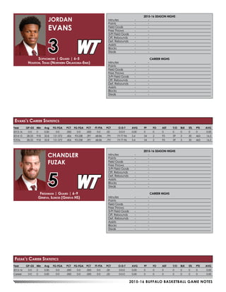 2015-16 BUFFALO BASKETBALL GAME NOTES
Year	 GP-GS	Min	 Avg	 FG-FGA	 PCT	FG-FGA	PCT	 FT-FTA	 PCT	 O-D-T	 AVG	 PF	 FO	 AST	 T/O	 BLK	 STL	 PTS	 AVG
2015-16	0-0	0	 0.00	 0-0	 .000	0-0	.000	0-0	.00	 0-0-0	 0.00	 0	 0	 0	 0	 0	 0	0	 0.00
2014-15	 28-25	918	32.8	 151-372	 .406	93-238	.391	 68-86	 .791	 19-77-96	 3.4	 54	 2	 93	 59	 3	 30	 463	 16.5
TOTAL	 28-25	918	32.8	 151-372	 .406	93-238	.391	 68-86	 .791	 19-77-96	 3.4	 54	 2	 93	 59	 3	 30	 463	 16.5
Sophomore | Guard | 6-5
Houston, Texas (Northern Oklahoma-Enid)
JORDAN
EVANS
3
Evans’s Career Statistics
Year	 GP-GS	Min	 Avg	 FG-FGA	 PCT	FG-FGA	PCT	 FT-FTA	 PCT	 O-D-T	 AVG	 PF	 FO	 AST	 T/O	 BLK	 STL	 PTS	 AVG
2015-16	0-0	0	 0.00	 0-0	 .000	0-0	.000	0-0	.00	 0-0-0	 0.00	 0	 0	 0	 0	 0	 0	0	 0.00
Career	 0-0	0	 0.00	 0-0	 .000	0-0	.000	0-0	.00	 0-0-0	 0.00	 0	 0	 0	 0	 0	 0	0	 0.00
2015-16 SEASON HIGHS
Minutes	 -	-
Points	 -	-
Field Goals	 -	 -
Free Throws	 -	 -
3-Pt Field Goals	 -	 -
Off. Rebounds	 -	 -
Def. Rebounds	 -	 -
Assists	 -	-
Blocks 	 -	 -
Steals	 -	-
CAREER HIGHS
Minutes	 -	-
Points	 -	-
Field Goals	 -	 -
Free Throws	 -	 -
3-Pt Field Goals	 -	 -
Off. Rebounds	 -	 -
Def. Rebounds	 -	 -
Assists	 -	-
Blocks 	 -	 -
Steals	 -	-
Freshman | Guard | 6-9
Geneva, Illinois (Geneva HS)
CHANDLER
FUZAK
5
Fuzak’s Career Statistics
2015-16 SEASON HIGHS
Minutes	 -	-
Points	 -	-
Field Goals	 -	 -
Free Throws	 -	 -
3-Pt Field Goals	 -	 -
Off. Rebounds	 -	 -
Def. Rebounds	 -	 -
Assists	 -	-
Blocks 	 -	 -
Steals	 -	-
CAREER HIGHS
Minutes	 -	-
Points	 -	-
Field Goals	 -	 -
Free Throws	 -	 -
3-Pt Field Goals	 -	 -
Off. Rebounds	 -	 -
Def. Rebounds	 -	 -
Assists	 -	-
Blocks 	 -	 -
Steals	 -	-
 