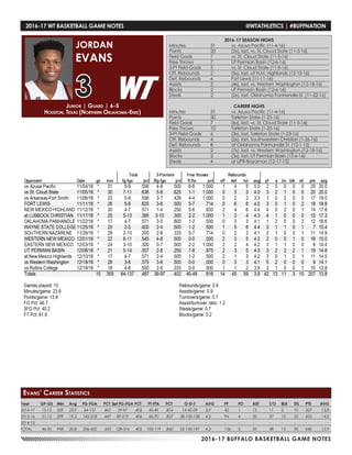 2016-17 BUFFALO BASKETBALL GAME NOTES
2016-17 WT BASKETBALL GAME NOTES	 @WTATHLETICS | #BUFFNATION
Year	 GP-GS	 Min	 Avg	 FG-FGA	 PCT	3pt FG-FGA	PCT	 FT-FTA	 PCT	 O-D-T	 AVG	 PF	 FO	 AST	 T/O	 BLK	 STL	 PTS	 AVG
2016-17	15-15	359	23.9	64-137	 .467	39-97	.402	40-49	.816	 14-45-59	 3.9	 42	 1	 13	 11	 3	 10	207	 13.8
2015-16	 31-15	599	19.3	 142-318	 .447	89-219	.406	 60-70	 .857	 38-100-138	4.5	 94	 4	 20	 37	 10	 20	 433	 14.0
2014-15	-	-	-	 -	 -	 -	-	 -	-	 -	 -	 -	 -	 -	 -	-	-	-	 -
TOTAL	 46-30	 958	 20.8	 206-455	 .453	128-316	.405	100-119	.840	 52-145-197	 4.3	 136	 5	 33	 48	 13	 30	 640	 13.9
Junior | Guard | 6-5
Houston, Texas (Northern Oklahoma-Enid)
JORDAN
EVANS
3
Evans’ Career Statistics
2016-17 SEASON HIGHS
Minutes	 31	 vs. Azusa Pacific (11-4-16)
Points	 20	 (2x), last, vs. St. Cloud State (11-5-16)
Field Goals	 7	 vs. St. Cloud State (11-5-16)
Free Throws	 7	 UT Permian Basin (12-6-16)
3-Pt Field Goals	 5	 vs. St. Cloud State (11-5-16)
Off. Rebounds	 2	 (5x), last, at N.M. Highlands (12-10-16)
Def. Rebounds	 6	 Fort Lewis (11-11-16)
Assists	 2	 (4x), last, vs. Western Washington (12-18-16)
Blocks 	 2	 UT Permian Basin (12-6-16)
Steals	 2	 (2x), last, Oklahoma Panhandle St. (11-22-16)
CAREER HIGHS
Minutes	 31	 vs. Azusa Pacific (11-4-16)
Points	 30	 Tarleton State (1-23-16)
Field Goals	 7	 (6x), last, vs. St. Cloud State (11-5-16)
Free Throws	 10	 Tarleton State (1-23-16)
3-Pt Field Goals	 6	 (3x), last, Tarleton State (1-23-16)
Off. Rebounds	 4	 (2x), last, Southwestern Christian (1-26-16)
Def. Rebounds	 8	 at Oklahoma Panhandle St. (12-1-15)
Assists	 2	 (7x), last, vs. Western Washington (12-18-16)
Blocks 	 2	 (3x), last, UT Permian Basin (12-6-16)
Steals	 4	 at UPR-Bayamon (12-17-15)
 