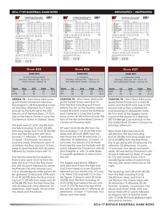 2016-17 BUFFALO BASKETBALL GAME NOTES
2016-17 WT BASKETBALL GAME NOTES	 @WTATHLETICS | #BUFFNATION
GAME INFO
at #25 UT Permian Basin
Saturday, February 4th - 4 p.m. CT
Falcon Dome - Odessa, TX
Game #25
ODESSA, TX - West Texas A&M junior
guard David Chavlovich became
the program’s all-time leading scorer
on Saturday afternoon but it wasn’t
enough as the Buffs fell to the #25
Falcons of UT Permian Basin, 77-73 in-
side of the Falcon Dome in Lone Star
Conference action in Odessa, Texas.
The Buffs went 21-of-61 (34.4%) from
the field including 12-of-37 (32.4%)
from long range and 19-of-29 (65.5%)
from the free throw line with 30 re-
bounds (11 offensive, 19 defensive),
12 assists, 13 turnovers, two blocks
and nine steals. Chavlovich went 10-
of-24 from the floor and 6-of-15 from
deep to lead the Buffs with 28 points
followed by Jordan Evans with 15.
The Falcons were led by Daeshon
Francis who went 10-of-16 from the
field and 5-of-7 from the free throw
line with 25 points followed by James
McPherson (16) and Johnnie Lacy
(12) in double figures while Sammy Al-
len grabbed 12 rebounds. UTPB went
21-of-49 (42.9%) from the floor includ-
ing 5-of-17 (29.4%) from deep and 30-
of-34 (88.2%) from the free throw line
with 42 rebounds (nine offensive, 33
defensive), eight assists, 25 turnovers,
two steals and five blocks.
Team	Reg	 2OT	 Total	 Rec.
WT	 27	46	73	19-6
UTPB	39	38	77	18-4
GAME INFO
vs. Cameron
Thursday, February 9th - 7:30 p.m. CT
First United Bank Center - Canyon, TX
Game #26
Team	 1st	 2nd 	 Total	 Rec.
CU	34	48	82	14-10
WT	 38	49	87	20-6
CANYON, TX - West Texas A&M junior
guard Jordan Evans went 8-of-14
from the floor including 6-of-9 from
behind the arc as the Houston native
scored 30 points to lead the Buffaloes
past Cameron in Lone Star Confer-
ence action, 87-82 in front of over 700
fans at the First United Bank Center in
Canyon on Thursday night.
WT went 24-of-54 (44.4%) from the
floor including 11-of-23 (47.8%) from
deep and 28-of-35 (80%) from the
free throw line with 40 rebounds (11
offensive, 29 defensive), 16 assists, 15
turnovers, two blocks and six steals.
Evans led the way for the Buffs with 30
points followed by Chavlovich with 20
and Golightly Jr. with 14 while Skyler
O’Laughlin grabbed 12 rebounds in
the win.
The Aggies were led by Williams
who went 8-of-9 from the field and
3-of-3 from deep to score 20 points
followed by Tyus Momo (16), JV Long
(14), Pierre (12) and Hall (11) in dou-
ble figures. Cameron went 29-of-66
(43.9%) from the floor including 10-
of-27 (37%) from behind the arc and
14-of-19 (73.7%) from the free throw
line with 36 rebounds (11 offensive, 25
defensive), 15 assist, 11 turnovers, two
blocks and nine steals.
GAME INFO
vs. Midwestern State
Saturday, February 11th - 4 p.m. CT
First United Bank Center - Canyon, TX
Game #27
Team	 1st	 2nd 	 Total	 Rec.
MSU	40	34	74	13-11
WT	 34	46	80	21-6
CANYON, TX - West Texas A&M junior
guard David Chavlovich scored 30
points and the Buffs took over in the
second half as they outlasted the
rival Mustangs of Midwestern State,
80-74 in front of the biggest home
crowd of the season in a Highway
287 Challenge Cup matchup at the
First United Bank Center in Canyon on
Saturday afternoon.
West Texas A&M went 25-of-55
(45.5%) from the floor including
8-of-26 (30.8%) from long range and
22-of-25 (88%) from the free throw
line to go along with 33 rebounds (10
offensive, 23 defensive), 15 assists,
17 turnovers, four blocks and seven
steals. WT was led by Chavlovich with
30 points followed by Skyler O’Laugh-
lin (17) and Jordan Evans (13) in
double-figures while Chavlovich led
the way with seven rebounds on the
night.
The Mustangs went 28-of-69 (40.6%)
from the field including 9-of-26
(34.6%) from deep and 9-of-14
(64.3%) from the charity stripe with
39 rebounds (19 offensive, 20 de-
fensive), 16 assists, 16 turnovers, four
blocks and seven steals. MSU was
led by Neel with 21 points followed
by Magnus with 16 and Pat Smith
with 13 while Richards grabbed eight
rebounds in the loss.
 