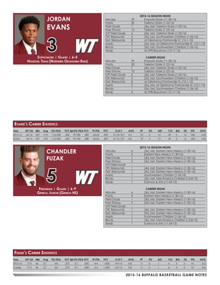 2015-16 BUFFALO BASKETBALL GAME NOTES
Year	 GP-GS	 Min	 Avg	 FG-FGA	 PCT	3pt FG-FGA	PCT	 FT-FTA	 PCT	 O-D-T	 AVG	 PF	 FO	 AST	 T/O	 BLK	 STL	 PTS	 AVG
2015-16	 24-14	457	19.0	 116-258	 .450	70-180	.389	 54-63	 .857	 31-76-107	 4.5	 73	 3	 15	 29	 5	 16	 356	 14.8
TOTAL	 24-14	457	19.0	 116-258	 .450	70-180	.389	 54-63	 .857	 31-76-107	 4.5	 73	 3	 15	 29	 5	 16	 356	 14.8
Sophomore | Guard | 6-5
Houston, Texas (Northern Oklahoma-Enid)
JORDAN
EVANS
3
Evans’s Career Statistics
Year	 GP-GS	 Min	 Avg	 FG-FGA	 PCT	3pt FG-FGA	PCT	 FT-FTA	 PCT	 O-D-T	 AVG	 PF	 FO	 AST	 T/O	 BLK	 STL	 PTS	 AVG
2015-16	17-0	46	2.7	 3-8	 .375	0-1	.000	4-4	1.000	4-9-13	 0.8	 11	 0	 1	 6	 3	 2	10	 0.6
Career	17-0	46	2.7	 3-8	 .375	0-1	.000	4-4	1.000	4-9-13	 0.8	 11	 0	 1	 6	 3	 2	10	 0.6
2015-16 SEASON HIGHS
Minutes	 6	 (2x), last, Eastern New Mexico (1-30-16)
Points	 4	 Eastern New Mexico (1-30-16)
Field Goals	 1	 (3x), last, Eastern New Mexico (1-30-16)
Free Throws	 2	 (2x), last, Eastern New Mexico (1-30-16)
3-Pt Field Goals	 -	 -
Off. Rebounds	 1	 (4x), last, Eastern New Mexico (1-30-16)
Def. Rebounds	 1	 (9x), last, Eastern New Mexico (1-30-16)
Assists	 1	 Southwestern Christian (1-26-16)
Blocks 	 1	 (3x), last, Mid-America Christian (12-8-15)
Steals	 1	 Science & Arts (11-24-15)
CAREER HIGHS
Minutes	 6	 (2x), last, Eastern New Mexico (1-30-16)
Points	 4	 Eastern New Mexico (1-30-16)
Field Goals	 1	 (3x), last, Eastern New Mexico (1-30-16)
Free Throws	 2	 (2x), last, Eastern New Mexico (1-30-16)
3-Pt Field Goals	 -	 -
Off. Rebounds	 1	 (4x), last, Eastern New Mexico (1-30-16)
Def. Rebounds	 1	 (9x), last, Eastern New Mexico (1-30-16)
Assists	 1	 Southwestern Christian (1-26-16)
Blocks 	 1	 (3x), last, Mid-America Christian (12-8-15)
Steals	 1	 Science & Arts (11-24-15)
Freshman | Guard | 6-9
Geneva, Illinois (Geneva HS)
CHANDLER
FUZAK
5
Fuzak’s Career Statistics
2015-16 SEASON HIGHS
Minutes	 29	 Emporia State (11-28-15)
Points	 30	 Tarleton State (1-23-16)
Field Goals	 7	 (4x), last, Tarleton State (1-23-16)
Free Throws	 10	 Tarleton State (1-23-16)
3-Pt Field Goals	 6	 (3x), last, Tarleton State (1-23-16)
Off. Rebounds	 4	 (2x), last, Southwestern Christian (1-26-16)
Def. Rebounds	 8	 at Oklahoma Panhandle St. (12-1-15)
Assists	 2	 (3x), last, at Oklahoma Panhandle St. (12-1-15)
Blocks 	 1	 (5x), last, Southwestern Christian (1-26-16)
Steals	 4	 at UPR-Bayamon (12-17-15)
CAREER HIGHS
Minutes	 29	 Emporia State (11-28-15)
Points	 30	 Tarleton State (1-23-16)
Field Goals	 7	 (4x), last, Tarleton State (1-23-16)
Free Throws	 10	 Tarleton State (1-23-16)
3-Pt Field Goals	 6	 (3x), last, Tarleton State (1-23-16)
Off. Rebounds	 4	 (2x), last, Southwestern Christian (1-26-16)
Def. Rebounds	 8	 at Oklahoma Panhandle St. (12-1-15)
Assists	 2	 (3x), last, at Oklahoma Panhandle St. (12-1-15)
Blocks 	 1	 (5x), last, Southwestern Christian (1-26-16)
Steals	 4	 at UPR-Bayamon (12-17-15)
 