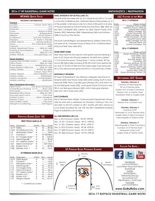 2016-17 BUFFALO BASKETBALL GAME NOTES
WTAMU Quick Facts
UNIVERSITY INFORMATION
General	
Location.................................. Canyon, Texas 79015
Founded...............................................................1910
Enrollment...........................................................9,850
Colors............................................... Maroon & White
Nickname........................................... Buffaloes/Buffs
Affiliation........................................... NCAA Division II
Conference.......................... Lone Star Conference
President................................. Dr. Walter V. Wendler
Athletic Director..........................Michael McBroom
Arena.................................. First United Bank Center
Capacity.............................................................4,800
Athletic Department Phone.............(806) 651-4400
Ticketing & Donor Relations.....................Casey Lish
Ticket Office........................................(806) 651-1414
Athletic Website.....................www.gobuffsgo.com
Media Relations	
Assistant Director/MBB Contact.............Brent Seals
Office Phone.......................................(806) 651-4442
E-Mail Address.......................... bseals@wtamu.edu
Media Relations Office Fax...............(806) 651-4409
Mailing Address........................... WTAMU Box 60049
	 Canyon, Texas 79016
Athletic Website....................www.GoBuffsGo.com
Athletics Twitter....................................@WTAthletics
Athletics Facebook...................... .com/WTAthletics
Athletics Hashtag...................................#BuffNation
Men’s Basketball Information	
Head Coach.....................Tom Brown (3rd Season)
Overall Record (Entering ‘16-17)...........38-22 (.633)
Alma Mater...................................Winona State, ‘93
Basketball Office Phone....................(806) 651-2697
Associate Head Coach..........................Chris Gove
Assistant Coach......................... Quincy Henderson
Assistant Coach.........................................Dan Kratz
Head Athletic Trainer...............................Chris Dane
Strength & Conditioning....................... Matt Segura
LSC Players of the Week
2016-17 OFFENSIVE
Date	 Player, School
11/16	 Daeshon Francis, UTPB
11/22	 Daeshon Francis, UTPB (2)
11/29	 CoRnell Neal, ENMU
12/5	 Ridell Camidge, TSU
12/14	 David Chavlovich, WT
12/20	 Ridell Camidge, TSU (2)
1/3	 David Chavlovich, WT (2)
1/9	 Devante Pullum, MSU
1/16	 Ridell Camidge, TSU (3)
1/23	 Delvonte Pierre, CU
1/30	 Chantz Chambers, TSU
2016-17 DEFENSIVE
Date	 Player, School
11/16	 Dorian Armstrong, TAMUC
11/22	 Justin Hollins, ASU
11/29	 Igor Ibaka, MSU
12/5	 Romond Jenkins, TSU
12/14	 Carl White, WT
12/20	 Romond Jenkings, TSU (2)
1/3	 Justin Hollins, ASU (2)
1/9	 Dorian Armstrong, TAMUC (2)
1/16	 Sammy Allen, UTPB
1/23	 Sammy Allen, UTPB (2)
1/30	 Dorian Armstrong, TAMUC (3)
Previous Games (Last 10)
WEST TEXAS A&M (6-4)
Date	Opponent	 H/A/N	 W/L......Score
12/19	Rollins	 N	 W.......89-68
12/31	 #5 Oklahoma City	 H	 W.......95-63
1/5	 Midwestern State *	 A	 L........78-84
1/7	 Cameron *	 A	 W.100-984ot
1/12	#17 Angelo State *	 H	 W.....104-96
1/14	 A&M-Kingsville *	 H	 W.......80-65
1/19	 #11 Tarleton State *	 A	 L........73-91
1/21	 A&M-Commerce *	 A	 L.103-104ot
1/26	 Eastern N.M. *	 A	 L........83-96
1/28	 Western N.M. *	 A	 W.......76-61
UT PERMIAN BASIN (8-2)
Date	Opponent	 H/A/N	 W/L......Score
12/10	 Dallas Baptist	 H	 W.........75-63
1/5	 Cameron *	 A	 L..........76-81
1/7	 Midwestern State *	 A	 L..........73-80
1/12	 A&M-Kingsville *	 H	 W.........83-76
1/14	 #14 Angelo State	 H	 W.........73-72
1/19	 A&M-Commerce *	 A	 W.........84-61
1/21	 #11 Tarleton State *	 A	 W.........76-64
1/26	 Western N.M. *	 A	 W.........92-69
1/28	 Eastern N.M. *	 A	 W.........85-67
1/31	 Arlington Baptist	 H	 W.......101-61
* - Conference Contest
Upcoming LSC Games
Saturday, February 4
Cameron at A&M-Kingsville
WT at UT Permian Basin
Eastern N.M. at A&M-Commerce
Western N.M. at Tarleton State
Midwestern State at Angelo State
Tuesday, February 7
Western N.M. at Eastern N.M.
Thursday, February 9
Cameron at WT
Midwestern St. at UT Permian Basin
Angelo State at A&M-Commerce
A&M-Kingsville at Tarleton State
Saturday, February 11
A&M-Kingsville at A&M-Commerce
Cameron at UT Permian Basin
Midwestern State at WT
Angelo State at Tarleton State
Follow The Buffs...
www.GoBuffsGo.com
Facebook
.com/wtathletics
.com/West-Texas-AM-Mens-
Basketball
Twitter
@WTAthletics
@WestTXD2Hoops
@LoneStarConf
#BuffNation / #LSCmbb
YouTube
.com/wtathletics
UT Permian Basin Probable Starters
NABC DIVISION II TOP-25 POLL (JAN. 31)
The Buffs enter the week with an 19-5 overall record with a 7-4 mark
in Lone Star Conference play. Northwest Missouri State picked up 12
of the possible 16 first place votes for a total of 396 points to sit atop
of the poll followed by Fairmont State (four first place, 388), West Lib-
erty (367), Cal Baptist (353), Indiana, Pa. (323), Hawai’i Pacific (319),
Queens (295), Bellarmine (284), Shippensburg (260) and Kutztown
(248) to round out the top ten.
The South Central Region was represented by Tarleton State (#12),
Fort Lewis (#14), Colorado School of Mines (#19), UT Permian Basin
(#25) and West Texas A&M (RV).
HOME SWEET HOME
West Texas A&M hits the road for a five game road trip following a
pair of LSC home wins this past weekend, the Buffs are a perfect
11-0 at home this season. During those 11 home contests, WT has
shot 47.8% (328-of-686) including 32.9% (99-of-301) from behind the
arc and 75.1% (257-of-342) from the charity stripe to go along with
40.3 (+5.9) rebounds per game and 92.0 (+17.0) points per contest.
NATIONALLY SPEAKING
WT leads DII Basketball in two offensive categories: free throws at-
tempted (694), free throws made (505) while ranking fourth in total
rebounds (938), third in 3-pt field goal attempts (701) and ninth in to-
tal 3-pt field goals made (232). Junior guard David Chavlovich ranks
fifth in 3-pt field goal attempts (200), ninth in field goal attempts
(367) and 14th in total points (457).
LIVE COVERAGE
The UT Permian Basin Athletic Communications Department will pro-
vide live stats and a webstream for Thursday’s matchup. Fans can
also listen to the WT contests on 98.7 JackFM with Kent Johnson &
Lucas Kinsey providing the call. Visit the Men’s Basketball Schedule
Page at GoBuffsGo.com for links.
ALL-TIME MEETINGS (WT 6-0)
Dec. 6, 2016 (Canyon, Texas) - WT 89, UTPB 80
Dec. 10, 2011 (Canyon, Texas) - WT 61, UTPB 45
Nov. 19, 2011 (Odessa, Texas) - WT 81, UTPB 75
Dec.15, 2010 (Canyon, Texas) - WT 68, UTPB 56
Nov. 27, 2009 (Canyon, Texas) - WT 74, UTPB 51
Nov. 29, 2002 (Canyon, Texas) - WT 93, UTPB 58
Josh
Morris
Daeshon
Francis
James
McPherson
Sammy
Allen
Johnnie
Lacy
5 33
2
0
3
2016-17 WT BASKETBALL GAME NOTES	 @WTATHLETICS | #BUFFNATION
 