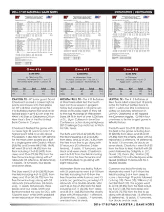 2016-17 BUFFALO BASKETBALL GAME NOTES
2016-17 WT BASKETBALL GAME NOTES	 @WTATHLETICS | #BUFFNATION
GAME INFO
vs. Oklahoma City
Saturday, December 31st - 1 p.m. CT
First United Bank Center - Canyon, TX
Game #16
CANYON, TX - WT junior guard David
Chavlovich scored a career high 36
points and moved into third place
on WT’s all-time scoring list as the
#14 Buffaloes started fast and never
looked back in a 95-63 win over the
NAIA’s #5 Stars of Oklahoma City on
New Year’s Eve at the First United
Bank Center in Canyon.
Chavlovich finished the game with
a career high 36 points to match the
highest point total by a LSC player
this season, it also ties for 10th all-time
for the most points scored by a Buff
in a single-game with Cedrick Wilbon
(1/8/96) and Simmie Hill (1968, 1969).
WT went 29-of-65 (44.6%) from the
floor including 12-of-30 (40%) from
deep and 25-of-29 (86.2%) from the
free throw line to go along with 47
rebounds (15 offensive, 32 defensive),
14 assists, 14 turnovers, four blocks
and seven steals.
The Stars went 21-of-54 (38.9%) from
the field including 4-of-16 (25%) from
deep and 17-of-30 (56.7%) from the
free throw line to go along with 33
rebounds (nine offensive, 24 defen-
sive), 11 assists, 18 turnovers, three
blocks and four steals. Smith and
Bonhomme led the way for OCU with
12 points each while Smith grabbed
seven rebounds on the afternoon.
Team	 1st	 2nd 	 Total	 Rec.
OCU	23	38	63	11-1
WT	 44	51	96	15-1
GAME INFO
at Midwestern State
Thursday, January 5th - 7:30 p.m. CT
D.L. Ligon Coliseum - Wichita Falls, TX
Game #17
Team	 1st	 2nd 	 Total	 Rec.
WT	 31	47	48	15-2
MSU	34	50	84	9-4
WICHITA FALLS, TX - The #11 Buffaloes
of West Texas A&M tied the fourth
best start to a season in program
history but snapped a 10-game win
streak on Thursday night as they fell
to the rival Mustangs of Midwestern
State, 84-78 in front of over 1,000 fans
at D.L. Ligon Coliseum in Lone Star
Conference action during a Highway
287 Challenge Cup matchup in Wich-
ita Falls, Texas.
The Buffs went 25-of-62 (40.3%) from
the floor including 6-of-24 (33.3%)
from deep and 22-of-28 (76.6%) from
the free throw line to go along with
37 rebounds (13 offensive, 24 de-
fensive), 15 assists, 17 turnovers, one
block and seven steals. Chavlovich
went 6-of-17 from the field including
8-of-10 from the free throw line and
3-of-8 from deep to go along with
eight rebounds.
Midwestern State was led by Pullum
with 21 points as he went 6-of-10 from
the field including 9-of-10 from the
free throw line while Ibaka scored 13
points and grabbed a game-high 13
rebounds for a double-double. MSU
went 26-of-55 (47.3%) from the field
including 4-of-11 (36.4%) from deep
and 28-of-41 (68.3%) from the charity
stripe with 39 rebounds (11 offensive,
28 defensive), 13 assists, 17 turnovers,
one block and six steals.
GAME INFO
at Cameron
Saturday, January 7th - 4 p.m. CT
Aggie Gym - Lawton, OK
Game #18
Team	Reg.	 4OT	 Total	 Rec.
WT	 56	 44	 100	16-2
CU	56	42	98	10-6
LAWTON, TX - The #11 Buffaloes of
West Texas A&M scored just 18 points
in the first half but battled back to
claim a wild Lone Star Conference
victory on Saturday afternoon in
Lawton, Oklahoma as WT topped
the Cameron Aggies, 100-98 in four
overtimes to tie the longest game in
WTAMU history.
The Buffs went 32-of-91 (35.2%) from
the field in the game including 8-of-
39 (20.5%) from deep and 28-of-39
(71.8%) from the charity stripe with 56
rebounds (12 offensive, 44 defensive),
16 assist, 13 turnovers, six blocks an
seven steals. Chavlovich went 8-of-30
from the floor to lead the Buff with 28
points followed by Golightly Jr. (17),
Quaid (15), Evans (14), Walton (12)
and White (11) in double-figures while
Quaid grabbed 15 rebounds for a
double-double.
Cameron was led offensively by
Momoh who went 7-of-14 from the
field including 2-of-4 from deep to
score a team-high 19 points followed
by Long (18), Pierre (18), Williams (16)
and Lambert (10). The Aggies went
37-of-93 (39.8%) from the field includ-
ing 8-of-21 (38.1%) from deep and
16-of-22 (72.7%) from the line to go
along with 68 rebounds (15 offensive,
53 defensive), 15 assists, 17 turnovers,
four blocks and six steals.
 