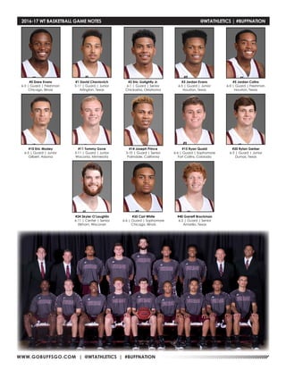 WWW.GOBUFFSGO.COM | @WTATHLETICS | #BUFFNATION
#0 Drew Evans
6-3 | Guard | Freshman
Chicago, Illinois
#1 David Chavlovich
5-11 | Guard | Junior
Arlington, Texas
#2 Eric Golightly Jr.
6-1 | Guard | Senior
Chickasha, Oklahoma
#3 Jordan Evans
6-5 | Guard | Junior
Houston, Texas
#5 Jordan Colins
6-0 | Guard | Freshman
Houston, Texas
#10 Eric Mosley
6-5 | Guard | Junior
Gilbert, Arizona
#11 Tommy Gove
5-11 | Guard | Junior
Waconia, Minnesota
#14 Joseph Prince
5-10 | Guard | Senior
Palmdale, California
#15 Ryan Quaid
6-6 | Guard | Sophomore
Fort Collins, Colorado
#20 Rylan Gerber
6-3 | Guard | Junior
Dumas, Texas
#24 Skyler O’Laughlin
6-11 | Center | Senior
Elkhorn, Wisconsin
#35 Carl White
6-6 | Guard | Sophomore
Chicago, Illinois
#40 Garrett Brockman
6-2 | Guard | Senior
Amarillo, Texas
2016-17 WT BASKETBALL GAME NOTES	 @WTATHLETICS | #BUFFNATION
 
