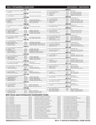 2016-17 BUFFALO BASKETBALL GAME NOTES
2016-17 WT BASKETBALL GAME NOTES	 @WTATHLETICS | #BUFFNATION
WEST TEXAS A&M POSTSEASON TOURNAMENT TEAMS
1941-42
28-3 • NATIONAL INVITATIONAL TOURNAMENT
L	 Creighton	 58-59	 New York, New York (NIT)
1968-69
18-8 • NATIONAL INVITATIONAL TOURNAMENT
L	 Ohio University	 80-82	 New York, New York (NIT)
1979-80
18-12 • NATIONAL INVITATIONAL TOURNAMENT
W	 New Mexico State	 98-87	 Canyon, Texas (MVC)
W	 Creighton	 83-67	 Omaha, Nebraska (MVC)
L	 Bradley	 59-62	 Peoria, Illinois (MVC)
L	 Illinois State	 63-80	 Normal, Illinois (NIT)
1984-85
11-17 • MISSOURI VALLEY CONFERENCE TOURNAMENT
L	 Tulsa	 69-74	 Tulsa, Oklahoma (MVC)
1986-87
24-7 • NCAA-II TOURNAMENT
W	 Texas A&M-Kingsville	 90-54	 Abilene, Texas (LSC)
L	 Abilene Christian	 69-78	 Abilene, Texas (LSC)
W	 Abilene Christian	 67-63	 Amarillo, Texas (NCAA)
L	 Southeast Missouri State	 71-72	 Amarillo, Texas (NCAA)
1987-88
20-9 • LONE STAR CONFERENCE SEMIFINALIST
W	 Texas A&M-Commerce	 89-74	 San Angelo, Texas (LSC)
L	 Angelo State	 73-94	 San Angelo, Texas (LSC)
1989-90
25-7 • NCAA DIVISION II TOURNAMENT
W	 Central Oklahoma	 94-86	 Commerce, Texas (LSC)
W	 Texas A&M-Commerce	 91-70	 Commerce, Texas (LSC)
W	 Missouri Western	 98-93ot	 Cape Girardeau, Missouri (NCAA)
L	 Southern Indiana	 71-73	 Cape Girardeau, Missouri (NCAA)
1990-91
25-7 • NCAA DIVISION II TOURNAMENT
W	 Abilene Christian	 127-76	 Amarillo, Texas (LSC)
W	 Cameron	 78-70	 Amarillo, Texas (LSC)
W	 Central Oklahoma	 83-70	 Amarillo, Texas (LSC)
L	 Central Missouri	 69-72	 Warrensburg, Missouri (NCAA)
L	 Kentucky Wesleyan	 78-91	 Warrensburg, Missouri (NCAA)
1993-94
20-10 • NCAA DIVISION II REGIONAL SEMIFINALIST
W	 Texas A&M-Commerce	 80-69	 Canyon, Texas (LSC)
W	 Abilene Christian	 85-79	 Canyon, Texas (LSC)
L	 North Alabama	 67-74	 Topeka, Kansas (NCAA)
L	 Central Missouri State	 74-79	 Topeka, Kansas (NCAA)
1994-95
17-10 • LONE STAR CONFERENCE TOURNAMENT QUARTERFINALIST
L	 Texas A&M-Commerce	 60-71	 Commerce, Texas (LSC)
1995-96
18-10 • LONE STAR CONFERENCE TOURNAMENT SEMIFINALIST
W	 Abilene Christian	 69-74	 Canyon, Texas (LSC)
L	 Texas A&M-Kingsville	 84-94	 Commerce, Texas (LSC)
1996-97
15-13 • LONE STAR CONFERENCE TOURNAMENT SEMIFINALIST
W	 Abilene Christian	 86-82	 Abilene, Texas (LSC)
L	 Texas A&M-Commerce	 67-87	 Commerce, Texas (LSC)
1997-98
26-5 • NCAA-II ELITE EIGHT QUARTERFINALIST
W	 Texas A&M-Commerce	 89-78	 Canyon, Texas (LSC)
L	 Central Oklahoma	 101-123	 Canyon, Texas (LSC)
W	 Pittsburgh State	 90-79	 Canyon, Texas (NCAA)
W	 Central Oklahoma	 105-101	 Canyon, Texas (NCAA)
L	 California-Davis	 55-63	 Louisville, Kentucky (NCAA)
1998-99
22-7 • NCAA-II REGIONAL QUARTERFINALIST
W	 Central Oklahoma	 92-91	 Canyon, Texas (LSC)
W	 Tarlerton State	 60-62	 Canyon, Texas (LSC)
L	 Abilene Christian	 96-102ot3 Wichita Falls, Texas (NCAA)
1999-00
21-7 • LONE STAR CONFERENCE TOURNAMENT FINALIST
W	 Harding University	 92-67	 Canyon, Texas (LSC)
W	 Northeastern State	 60-49	 Tahlequah, Oklahoma (LSC)
L	 Midwestern State	 83-93	 Tahlequah, Oklahoma (LSC)
2000-01
23-8 • NCAA DIVISION II SOUTH CENTRAL REGION SEMIFINALIST
W	 Texas A&M-Kingsville	 67-55	 San Angelo, Texas (LSC)
W	 Angelo State	 75-73ot	 San Angelo, Texas (LSC)
W	 St, Mary’s	 67-55	 Topeka, Kansas (NCAA)
L	 Washburn	 61-86	 Topeka, Kansas (NCAA)
2002-03
21-10 • NCAA DIVISION II SOUTH CENTRAL REGION QUARTERFINALIST
W	 Central Oklahoma	 88-84	 Canyon, Texas (LSC)
W	 Northeastern State	 78-56	 Portales, New Mexico (LSC)
W	 Tarleton State	 69-61	 Portales, New Mexico (LSC)
L	 Washburn	 73-75	 Stephenville, Texas (NCAA)
2003-04
18-10 • LONE STAR CONFERENCE TOURNAMENT QUARTERFINALIST
L	 Northeastern State	 52-65	 Tahlequah, Oklahoma (LSC)
2004-05
16-14 • LONE STAR CONFERENCE TOURNAMENT FINALIST
W	 Central Oklahoma	 79-67	 Edmond, Oklahoma (LSC)
W	 Midwestern State	 80-75	 Commerce, Texas (LSC)
L	 Texas A&M-Commerce	 62-77	 Commerce, Texas (LSC)
2005-06
23-8 • NCAA DIVISION II SOUTH CENTRAL REGION QUARTERFINALIST
W	 Southwestern Oklahoma	 84-70	 Canyon, Texas (LSC)
W	 Southeastern Oklahoma	 64-62	 Durant, Oklahoma (LSC)
W	 Tarleton State	 92-85	 Durant, Oklahoma (LSC)
L	 Northwest Missouri State	 51-66	 Bolivar, Missouri (NCAA)
2006-07
18-11 • NCAA DIVISION II SOUTH CENTRAL REGION QUARTERFINALIST
W	 Texas A&M-Commerce	 82-80	 Canyon, Texas (LSC)
L	 Southeastern Oklahoma	 76-83	 Wichita Falls, Texas (LSC)
L	 Midwestern State	 81-86	 Warrensburg, Missouri (NCAA)
2007-08
21-8 • NCAA DIVISION II SOUTH CENTRAL REGION QUARTERFINALIST
L	 Texas A&M-Commerce	 63-69	 Bartlesville, Oklahoma (LSC)
L	 Southwest Baptist	 79-95	 Stephenville, Texas (NCAA)
2009-10
16-13 • LONE STAR CONFERENCE TOURNAMENT SEMIFINALIST
W	 Central Oklahoma	 80-78	 Bartlesville, Oklahoma (LSC)
L	 Tarleton State	 68-82	 Bartlesville, Oklahoma (LSC)
2010-11
23-7 • NCAA DIVISION II SOUTH CENTRAL REGION QUARTERFINALIST
W	 Cameron	 75-59	 Bartlesville, Oklahoma (LSC)
L	 Central Oklahoma	 63-66ot2 Bartlesville, Oklahoma (LSC)
L	 Fort Hays State	 49-75	 Edmond, Oklahoma (NCAA)
2011-12
19-9 • NCAA DIVISION II SOUTH CENTRAL REGION QUARTERFINALIST
W	 Eastern New Mexico	 80-47	 Allen, Texas (LSC)
L	 Tarleton State	 37-59	 Allen, Texas (LSC)
L	 Arkansas Tech	 68-79	 Wichita Falls, Texas (NCAA)
2012-13
18-10 • LONE STAR CONFERENCE TOURNAMENT SEMIFINALIST
W	 Cameron	 65-50	 Allen, Texas (LSC)
L	 Tarleton State	 48-66	 Allen, Texas (LSC)
2013-14
10-17 • LONE STAR CONFERENCE TOURNAMENT QUARTERFINALS
L	 Tarleton State	 70-89	 Allen, Texas (LSC)
2014-15
17-12 • LONE STAR CONFERENCE TOURNAMENT QUARTERFINALS
L	 Texas A&M-Commerce	 64-79	 Allen, Texas (LSC)
2015-16
17-12 • LONE STAR CONFERENCE TOURNAMENT QUARTERFINALS
L	 Cameron	 70-79	 Allen, Texas (LSC)
2016-17
25-8 • NCAA DIVISION II SOUTH CENTRAL REGIONALS
L	 Texas A&M-Kingsville	 63-68	 Allen, Texas (LSC)
W	 Texas A&M-Commerce	 97-86	 Golden, Colorado (NCAA)
-	 Texas A&M-Kingsville	 ------	 Golden, Colorado (NCAA)
T.I.A.A. Champions	 1923-24
T.I.A.A. Champions	 1926-27
T.I.A.A. Champions	 1927-28
T.I.A.A. Champions	 1929-30
T.I.A.A. Champions	 1930-31
T.I.A.A. Champions	 1931-32
National Tournament Participant	 1932-33
National Tournament Semifinalist	 1933-34
National Tournament Participant	 1935-36
National Tournament Participant	 1936-37
National Tournament Participant	 1937-38
National Tournament Participant	 1938-39
Alamo Conference Champions	 1939-40
Alamo Conference Champions	 1940-41
Border Conference Champions/NIT Tournament	 1941-42
Border Conference Champions	 1942-43
Co-Border Conference Champions	 1951-52
Co-Border Conference Champions	 1954-55
National Invitational Tournament	 1968-69
National Invitational Tournament	 1979-80
Co-Lone Star Conference Champions	 1986-87
National Tournament Participant	 1986-87
Lone Star Conference Tournament	 1989-90
National Tournament Participant	 1989-90
Co-Lone Star Conference Champions	 1990-91
Lone Star Conference Tournament	 1990-91
National Regional Qualifier	 1990-91
Lone Star Conference Champions	 1993-94
Lone Star Conference Tournament	 1993-94
NCAA Regional Semifinalist	 1993-94
Lone Star Conference South Division Champions	 1997-98
NCAA South Central Regional	 1997-98
NCAA Elite Eight Quarterfinalist	 1997-98
Lone Star Conference South Division Champions	 1998-99
NCAA Regional Quarterfinalist	 1998-99
LSC Tournament; Regional Semifinalist	 2000-01
LSC Tournament Champions	 2002-03
NCAA Regional Quarterfinalist	 2002-03
Lone Star Conference Tournament Champions	 2005-06
NCAA Regional Quarterfinalist	 2005-06
Co-LSC South Division Champions	 2006-07
NCAA Regional Quarterfinalist	 2006-07
NCAA Regional Quarterfinalist	 2007-08
NCAA Regional Quarterfinalist	 2010-11
NCAA Regional Quarterfinalist	 2011-12
Lone Star Conference Tournament	 2012-13
Lone Star Conference Tournament	 2013-14
Lone Star Conference Tournament	 2014-15
Lone Star Conference Tournament	 2015-16
Lone Star Conference Tournament	 2016-17
NCAA South Central Regionals	 2016-17
 