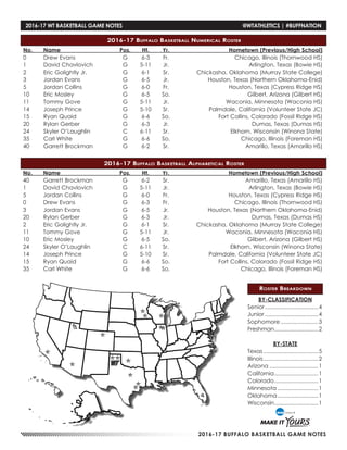 2016-17 BUFFALO BASKETBALL GAME NOTES
BY-CLASSIFICATION
Senior...................................4
Junior...................................4
Sophomore.........................3
Freshman.............................2
BY-STATE
Texas....................................5
Illinois....................................2
Arizona................................1
California.............................1
Colorado.............................1
Minnesota...........................1
Oklahoma...........................1
Wisconsin.............................1
2016-17 Buffalo Basketball Numerical Roster
2016-17 Buffalo Basketball Alphabetical Roster
Roster Breakdown
No.	 Name	 Pos.	 Ht.	 Yr.		 Hometown (Previous/High School)
0	 Drew Evans	 G	 6-3	 Fr.		 Chicago, Illinois (Thornwood HS)
1	 David Chavlovich	 G	 5-11	 Jr.		 Arlington, Texas (Bowie HS)
2	 Eric Golightly Jr.	 G	 6-1	 Sr.	 	Chickasha, Oklahoma (Murray State College)
3	 Jordan Evans	 G	 6-5	 Jr.	 	Houston, Texas (Northern Oklahoma-Enid)
5	 Jordan Collins	 G	 6-0	 Fr.		 Houston, Texas (Cypress Ridge HS)
10	 Eric Mosley	 G	 6-5	 So.		 Gilbert, Arizona (Gilbert HS)
11	 Tommy Gove	 G	 5-11	 Jr.		 Waconia, Minnesota (Waconia HS)
14	 Joseph Prince	 G	 5-10	 Sr.	 	Palmdale, California (Volunteer State JC)
15	 Ryan Quaid	 G	 6-6	 So.		 Fort Collins, Colorado (Fossil Ridge HS)
20	 Rylan Gerber	 G	 6-3	 Jr.		 Dumas, Texas (Dumas HS)
24	 Skyler O’Laughlin	 C	 6-11	 Sr.		 Elkhorn, Wisconsin (Winona State)
35	 Carl White	 G	 6-6	 So.		 Chicago, Illinois (Foreman HS)
40	 Garrett Brockman	 G	 6-2	 Sr.		 Amarillo, Texas (Amarillo HS)
No.	 Name	 Pos.	 Ht.	 Yr.		 Hometown (Previous/High School)
40	 Garrett Brockman	 G	 6-2	 Sr.		 Amarillo, Texas (Amarillo HS)
1	 David Chavlovich	 G	 5-11	 Jr.		 Arlington, Texas (Bowie HS)
5	 Jordan Collins	 G	 6-0	 Fr.		 Houston, Texas (Cypress Ridge HS)
0	 Drew Evans	 G	 6-3	 Fr.		 Chicago, Illinois (Thornwood HS)
3	 Jordan Evans	 G	 6-5	 Jr.	 	Houston, Texas (Northern Oklahoma-Enid)
20	 Rylan Gerber	 G	 6-3	 Jr.		 Dumas, Texas (Dumas HS)
2	 Eric Golightly Jr.	 G	 6-1	 Sr.	 	Chickasha, Oklahoma (Murray State College)
11	 Tommy Gove	 G	 5-11	 Jr.		 Waconia, Minnesota (Waconia HS)
10	 Eric Mosley	 G	 6-5	 So.		 Gilbert, Arizona (Gilbert HS)
24	 Skyler O’Laughlin	 C	 6-11	 Sr.		 Elkhorn, Wisconsin (Winona State)
14	 Joseph Prince	 G	 5-10	 Sr.	 	Palmdale, California (Volunteer State JC)
15	 Ryan Quaid	 G	 6-6	 So.		 Fort Collins, Colorado (Fossil Ridge HS)
35	 Carl White	 G	 6-6	 So.		 Chicago, Illinois (Foreman HS)
2016-17 WT BASKETBALL GAME NOTES	 @WTATHLETICS | #BUFFNATION
 