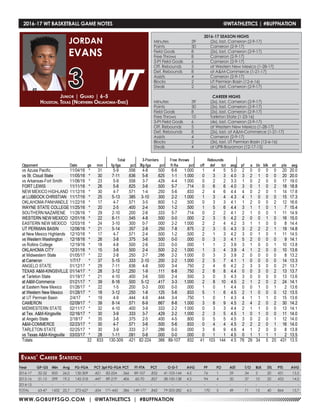 WWW.GOBUFFSGO.COM | @WTATHLETICS | #BUFFNATION
2016-17 WT BASKETBALL GAME NOTES	 @WTATHLETICS | #BUFFNATION
Year	 GP-GS	 Min	 Avg	 FG-FGA	 PCT	3pt FG-FGA	PCT	 FT-FTA	 PCT	 O-D-T	 AVG	 PF	 FO	 AST	 T/O	 BLK	 STL	 PTS	 AVG
2016-17	 32-32	833	26.0	130-309	 .421	82-224	.366	89-107	.832	 41-103-144	4.5	 76	 1	 29	 34	 5	 20	 431	 13.5
2015-16	 31-15	599	19.3	 142-318	 .447	89-219	.406	 60-70	 .857	 38-100-138	4.5	 94	 4	 20	 37	 10	 20	 433	 14.0
2014-15	-	-	-	 -	 -	 -	-	 -	-	 -	 -	 -	 -	 -	 -	-	-	-	 -
TOTAL	 63-47	 1432	22.7	 272-627	 .434	171-443	.386	149-177	.842	 79-203-282	 4.5	 170	 5	 49	 71	 15	 40	 864	 13.7
Junior | Guard | 6-5
Houston, Texas (Northern Oklahoma-Enid)
JORDAN
EVANS
3
Evans’ Career Statistics
2016-17 SEASON HIGHS
Minutes	 39	 (2x), last, Cameron (2-9-17)
Points	 30	 Cameron (2-9-17)
Field Goals	 8	 (2x), last, Cameron (2-9-17)
Free Throws	 8	 Cameron (2-9-17)
3-Pt Field Goals	 6	 Cameron (2-9-17)
Off. Rebounds	 5	 at Western New Mexico (1-28-17)
Def. Rebounds	 8	 at A&M-Commerce (1-21-17)
Assists	 4	 Cameron (2-9-17)
Blocks 	 2	 UT Permian Basin (12-6-16)
Steals	 2	 (6x), last, Cameron (2-9-17)
CAREER HIGHS
Minutes	 39	 (2x), last, Cameron (2-9-17)
Points	 30	 (2x), last, Cameron (2-9-17)
Field Goals	 8	 (2x), last, Cameron (2-9-17)
Free Throws	 10	 Tarleton State (1-23-16)
3-Pt Field Goals	 6	 (4x), last, Cameron (2-9-17)
Off. Rebounds	 5	 at Western New Mexico (1-28-17)
Def. Rebounds	 8	 (2x), last, at A&M-Commerce (1-21-17)
Assists	 4	 Cameron (2-9-17)
Blocks 	 2	 (3x), last, UT Permian Basin (12-6-16)
Steals	 4	 at UPR-Bayamon (12-17-15)
 