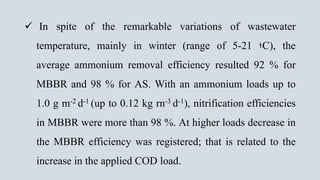  In spite of the remarkable variations of wastewater
temperature, mainly in winter (range of 5-21 ‫؛‬C), the
average ammonium removal efficiency resulted 92 % for
MBBR and 98 % for AS. With an ammonium loads up to
1.0 g m-2 d-1 (up to 0.12 kg rn-3 d-1), nitrification efficiencies
in MBBR were more than 98 %. At higher loads decrease in
the MBBR efficiency was registered; that is related to the
increase in the applied COD load.
 