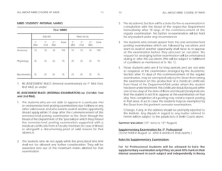 ALL ABOUT MBBS COURSE AT AIIMS                                           13   14                                  ALL ABOUT MBBS COURSE AT AIIMS



MBBS STUDENTS’ INTERNAL MARKS                                                 3. The Academic Section will fix a date for the re-examination in
                                                                                 consultation with the Head of the respective Department
                               First MBBS                                        immediately after 15 days of the commencement of the
                                                                                 regular examination. No further re-examination will be held
                     THEORY                       PRACTICAL                      for any student under any circumstances.
               1st    1st     2nd   Total   1st      1st   2nd     Total      4. The students who remain absent from the end-semester/end
               Mid   End      Mid           Mid     End    Mid                   posting examinations which are followed by vacations and
Anatomy        33     33      34    100     33      33        34   100
                                                                                 want to avail of another opportunity shall have to re-appear
                                                                                 at the examination before they proceed on vacation. No
                                                                                 request for arranging further examination will be entertained
                                                                                 during or after the vacations (This will be subject to fulfillment
Physiology     25     25      25     75     25      25        25    75
                                                                                 of conditions as mentioned at Sr. No. 1).
                                                                              5. Those students who are ill for long periods and are not able
                                                                                 to reappear at the examination arranged by the Academic
Biochemistry   25     25      25     75     25      25        25    75           Section after 15 days of the commencement of the regular
                                                                                 examination, may be exempted only by the Dean from taking
                                                                                 the examination on the production of a medical certificate
1. RE-ASSESSMENT RULES (Internal examination) viz 1st Mid, End,                  from Head of the Department/Unit under whom the student
   IInd Mid) as under:                                                           has been under treatment. This certificate should be issued within
                                                                                 one or two days of the date of illness and should clearly indicate
RE-ASSESSMENT RULES: (INTERNAL EXAMINATION) viz. (1st Mid, End
                                                                                 that the student is not fit to appear at the examination on that
and 2nd Mid).
                                                                                 day. Non completion of a posting may entail a repeat posting
1. The students who are not able to appear in a particular mid                   in that area. In such cases the students may be exempted by
   or endsemester/end posting examinations due to illness or any                 the Dean from the pertinent semester examinations.
   other valid reason and who want to avail of another opportunity                 Change, if any, in the address should be promptly reported to
   should apply within 15 days after the commencement of the                       the Institute. Any dispute in regard to any matter referred to
   semester/end posting examination to the Dean through the                        herein will be subject to the jurisdiction of Delhi Courts alone.
   Head of the Department of the Speciality in which they missed
   the semester/end posting examination supported with a                      Summer Vacation (15th June to 15th August)
   medical certificate from a Faculty member (in case of illness)
   or alongwith a documentary proof of valid reasons for their                Supplementary Examination for 1st Professional
   absence.                                                                   (To be held in August i.e. after 6 weeks of final exams.)

                                                                              Rules for Supplementary Examination:
2. The students who do not apply within the prescribed time limit
   shall not be allowed any further consideration. They will be
   awarded zero out of the maximum marks allotted for that                    For 1st Professional students will be allowed to take the
   examination.                                                               supplementary examination only if they secured 40% marks in their
                                                                              internal assessment in each subject and independently in theory
 