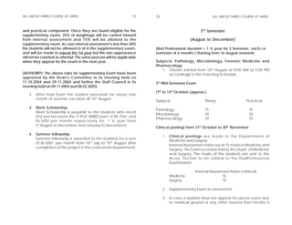 ALL ABOUT MBBS COURSE AT AIIMS                                  15    16                                ALL ABOUT MBBS COURSE AT AIIMS



and practical component. Once they are found eligible for the                                   3rd Semester
supplementary exam, 25% of weightage will be carried forward
from internal assessment and 75% will be allotted to the                                  (August to December)
supplementary exam. In case internal assessment is less than 40%
the students will not be allowed to sit in the supplementary exam.    (IInd Professional duration = 1 ½ year for 3 Semester, each i.e.
and will be made to repeat the 1st year but this non-appearance       semester of 6 months ) Starting from 16 August onwards
will not be counted as attempt. The same process will be applicable
when they appear for the exam in the next year.                       Subjects: Pathology, Microbiology, Forensic Medicine and
                                                                      Pharmacology
                                                                         1. Classes started from 16th August at 8.00 AM to 5.00 PM
(AUTHORITY: The above rules for supplementary Exam have been                accordingly to the Teaching Schedule.
approved by the Dean’s Committee in its meeting held on
11.10.2004 and 29.11.2004 and further the Staff Council in its        3rd Mid-Semester Exam
meeting held on 09.11.2004 and 08.02.2005).
                                                                      (7th to 14th October (approx.)
   2. After final Exam the student proceeds for about one
      month of summer vacation till 15th August.
                                                                      Subjects                     Theory                 Practical
   3. Merit Scholarship:
                                                                      Pathology                    15                        15
      Merit Scholarship is payable to the students who stood
                                                                      Microbiology                 10                        10
      First and Second in the 1st Prof. MBBS Exam @ RS.750/- and
                                                                      Pharmacology                 10                        10
      Rs.500/-per month respectively for 1 ½ year from
      (1 August to December and January to December).
                                                                      Clinical postings from 21st October to 30th November
   4. Summer fellowship:
                                                                           1. Clinical postings are made to the Departments of
      Summer fellowship is awarded to the students for a sum
                                                                              Medicine and Surgery.
      of Rs.500/- per month from 16th July to 15th August after
                                                                              Internal Assessment marks out of 15 marks in Medicine and
      completion of the project in the concerned departments.
                                                                              Surgery. The Exam is conducted by the Deptt. of Medicine
                                                                              and Surgery. The marks of the students are sent to the
                                                                              Acad. Section to be added to the finalProfessional
                                                                              Examination.

                                                                                             Internal Assessment Marks (clinical)
                                                                              Medicine                       15
                                                                              Surgery                        15

                                                                           2. Supplementary Exam re-assessment.

                                                                           3. In case a student does not appear for above exam due
                                                                              to medical ground or any other reasons then he/she is
 