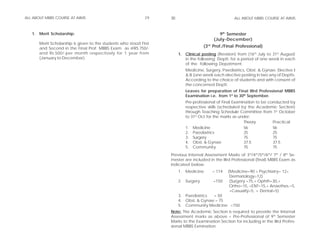 ALL ABOUT MBBS COURSE AT AIIMS                                29    30                                ALL ABOUT MBBS COURSE AT AIIMS



   1. Merit Scholarship:                                                                      9th Semester
                                                                                           (July-December)
       Merit Scholarship is given to the students who stood First
       and Second in the Final Prof. MBBS Exam as @RS.750/-
                                                                                      (3rd Prof./Final Professional)
       and Rs.500/-per month respectively for 1 year from                1. Clinical posting (Revision) from (16th July to 31st August)
       (January to December).                                               in the following Deptt. for a period of one week in each
                                                                            of the following Depatment.
                                                                            Medicine, Surgery, Paediatrics, Obst. & Gynae. Elective I
                                                                            & II (one week each elective posting in two any of Deptts.
                                                                            According to the choice of students and with consent of
                                                                            the concerned Deptt.
                                                                            Leaves for preparation of Final IIIrd Professional MBBS
                                                                            Examination i.e. from 1st to 30th September.
                                                                            Pre-professional of Final Examination to be conducted by
                                                                            respective skills (scheduled by the Academic Section)
                                                                            through Teaching Schedule Committee from 1st October
                                                                            to 31st Oct for the marks as under:
                                                                                                            Theory        Practical
                                                                            1. Medicine                     56            56
                                                                            2. Paediatrics                  25            25
                                                                            3. Surgery                      75            75
                                                                            4. Obst. & Gynae                37.5          37.5
                                                                            5. Community                    75            75
                                                                    Previous Internal Assessment Marks of 3rd/4th/5th/6th/ 7th / 8th Se-
                                                                    mester are included in the IIIrd Professional (final) MBBS Exam as
                                                                    indicated below:
                                                                         1. Medicine       = 114   (Medicine=90 + Psychiatry= 12+
                                                                                                    Dermatology=12)
                                                                         2. Surgery        =150     (Surgery =75,+ Ophth=30,+
                                                                                                    Ortho=15, +ENT=15,+ Anaethes.=5,
                                                                                                    +Casualty=5, + Dental+5)
                                                                         3. Paediatrics  = 50
                                                                         4. Obst. & Gynae = 75
                                                                         5. Community Medicine =150
                                                                    Note: The Academic Section is required to provide the Internal
                                                                    Assessment marks as above + Pre-Professional of 9th Semester
                                                                    Marks to the Examination Section for including in the IIIrd Profes-
                                                                    sional MBBS Exmination.
 