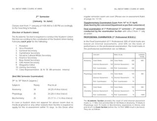 ALL ABOUT MBBS COURSE AT AIIMS                                       11   12                                      ALL ABOUT MBBS COURSE AT AIIMS



                              2nd Semester                                regular semester exam are over (Please see re-assessment Rules
                                                                          at page no. 13-14)
                        (January to June)
                                                                          (Supplementary Examination Exam from 16th to 21 April)
Classes start from 1st January at 9.00 AM to 5.00 PM accordingly          (Date fixed by the concerned Department as per their conveniece)
to the Teaching Schedule.                                                 Final examination of 1st Professional (1st semester + 2nd semester
                                                                          conducted by the examination Section with effect from 1st July
(Election of Student’s Union)
                                                                          as under:
The Academic Section is required to conduct the Student’s Union           PROFESSIONAL EXAMINATION (1st Professional M.B.B.S.)
Election according to the constitution of the Student Union during
February each year for the following:                                     In the Final Examination of 1st Professional, 50% of total marks are
                                                                          based on internal assessments, and 50% on the basis of
   1.    President                                                        performance in the professional examination. The total marks in
   2.    Vice-President                                                   the professional examination are as follows:-
   3.    General Secretary
   4.    Gymkhana Secretary
                                                                                      THEORY                     PRACTICAL                    GRAND
   5.    Social & Cultural Affairs Secretary
                                                                                                                                               TOTAL
   6.    Finance Secretary
   7.    Boys Hostel Secretary                                            Anatomy     Total Marks         - 200 Total Marks          - 200      400
   8.    Girls Hostel Secretary
   9.    Magazine Editor                                                              Internal Assessment - 100 Internal Assessment - 100
   10.   Literary Secretary                                                           Prof. Examination   - 100 Prof. Examination    - 100
   11.   Class Representative (II, IV, VI, VIII semester, Interns)

                                                                          Physiology Total Marks          - 150 Total Marks          - 150      300
(IInd Mid Semester Examination)
                                                                                      Internal Assessment -   75 Internal Assessment -   75

(9th to 18th March (approx.)                                                          Prof. Examination   -   75 Prof. Examination   -   75

Subjects                 Theory          Practical
                                                                          Bio-        Total Marks         - 150 Total Marks          - 150      300
Anatomy                  34              34 (25+9 Viva Voice)
                                                                          chemistry   Internal Assessment -   75 Internal Assessment -   75
Physiology               25              25 (20+5 Viva Voice)                         Prof. Examination   -   75 Prof. Examination   -   75     1000

Biochemistry             25              25 (17 ½ +7 ½ Viva Voice)
                                                                          The Academic Section provides the result of total internal assessment
In case a student does not appear for above exam due to                   marks i.e. 1st Mid, End and IInd Mid of 100 Marks in Anatomy, 75 Marks in
medical ground or any other reasons then he/she is required to            Physiology and 75 marks in Biochemistry separately in theory and
apply for the re-assessment within 15 days to the Dean after              practical’s to Exam Section before the 1st Prof. MBBS result is declared.
                                                                          They are as follows:
 