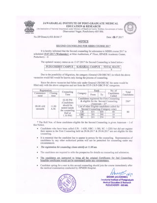 JIPMER MBBS Second Counselling Notice