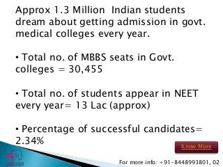 Approx 1.3 Million Indian students
dream about getting admission in govt.
medical colleges every year.
• Total no. of MBBS seats in Govt.
colleges = 30,455
• Total no. of students appear in NEET
every year= 13 Lac (approx)
• Percentage of successful candidates=
2.34%
For more info: +91-8448993801, 02
Know More
 