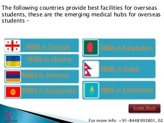 The following countries provide best facilities for overseas
students, these are the emerging medical hubs for overseas
students -
MBBS in Georgia
MBBS in Ukraine
MBBS in Armenia
MBBS in Kyrgyzstan
MBBS in Bangladesh
MBBS in Nepal
MBBS in Kazakhstan
For more info: +91-8448993801, 02
Know More
 
