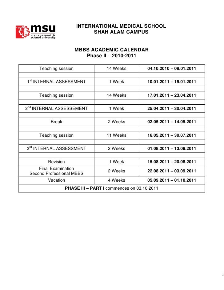 Msu 2022 Academic Calendar Mbbs Academic Calendar Phase Ii 2010-2011 S.alam