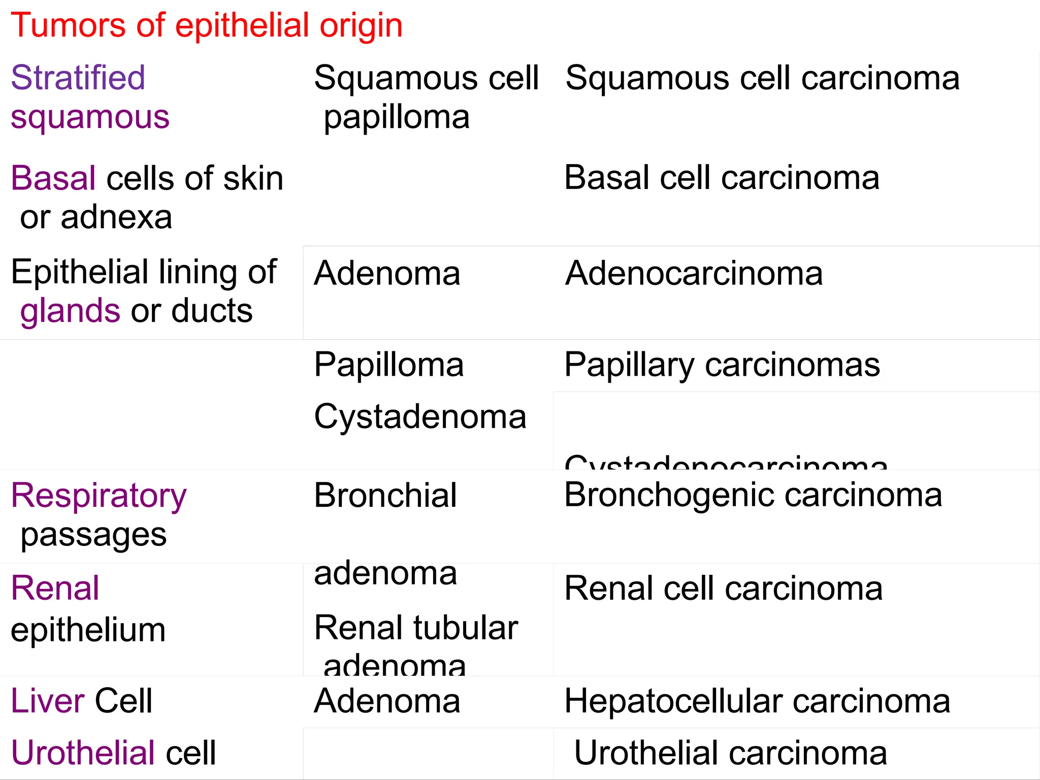 Tumors of epithelial origin
Stratified
squamous
Basal cells of skin
or adnexa
Epithelial lining of
glands or ducts
Squamous cell Squamous cell carcinoma
papilloma
Basal cell carcinoma
Adenoma Adenocarcinoma
Papilloma
Cystadenoma
Papillary carcinomas
Cystadenocarcinoma
Bronchogenic carcinoma
Respiratory
passages
Renal
epithelium
Bronchial
adenoma
Renal tubular
adenoma
Renal cell carcinoma
Liver Cell
Urothelial cell
Adenoma Hepatocellular carcinoma
Urothelial carcinoma
 