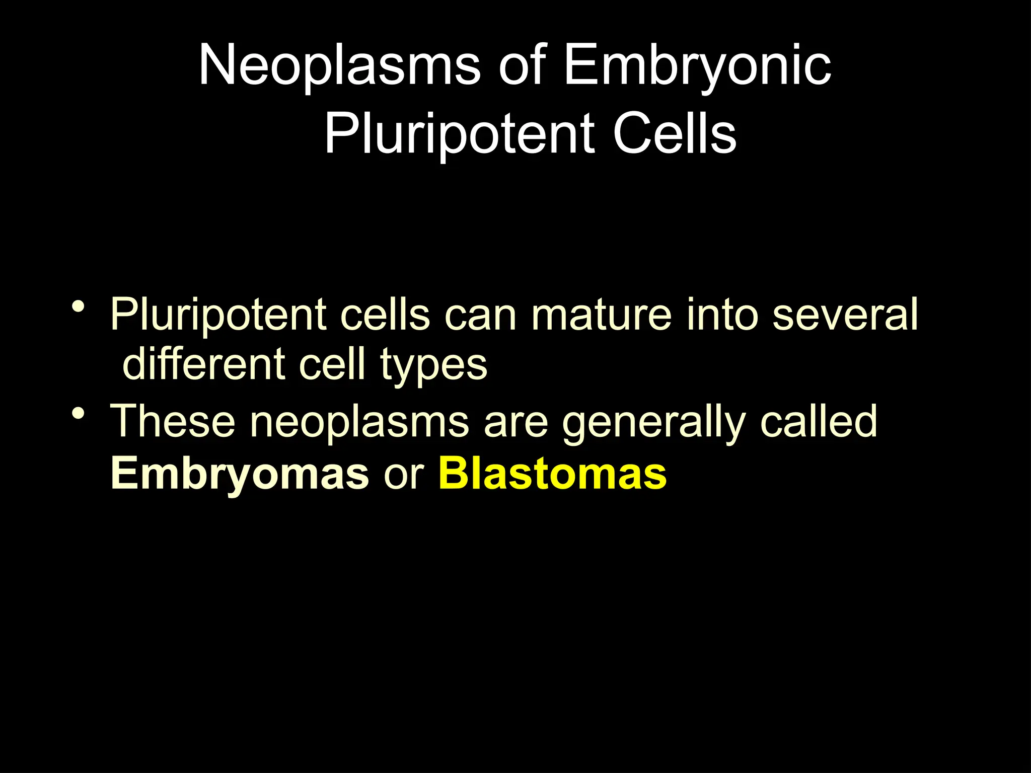 Neoplasms of Embryonic
Pluripotent Cells
• Pluripotent cells can mature into several
different cell types
• These neoplasms are generally called
Embryomas or Blastomas
 