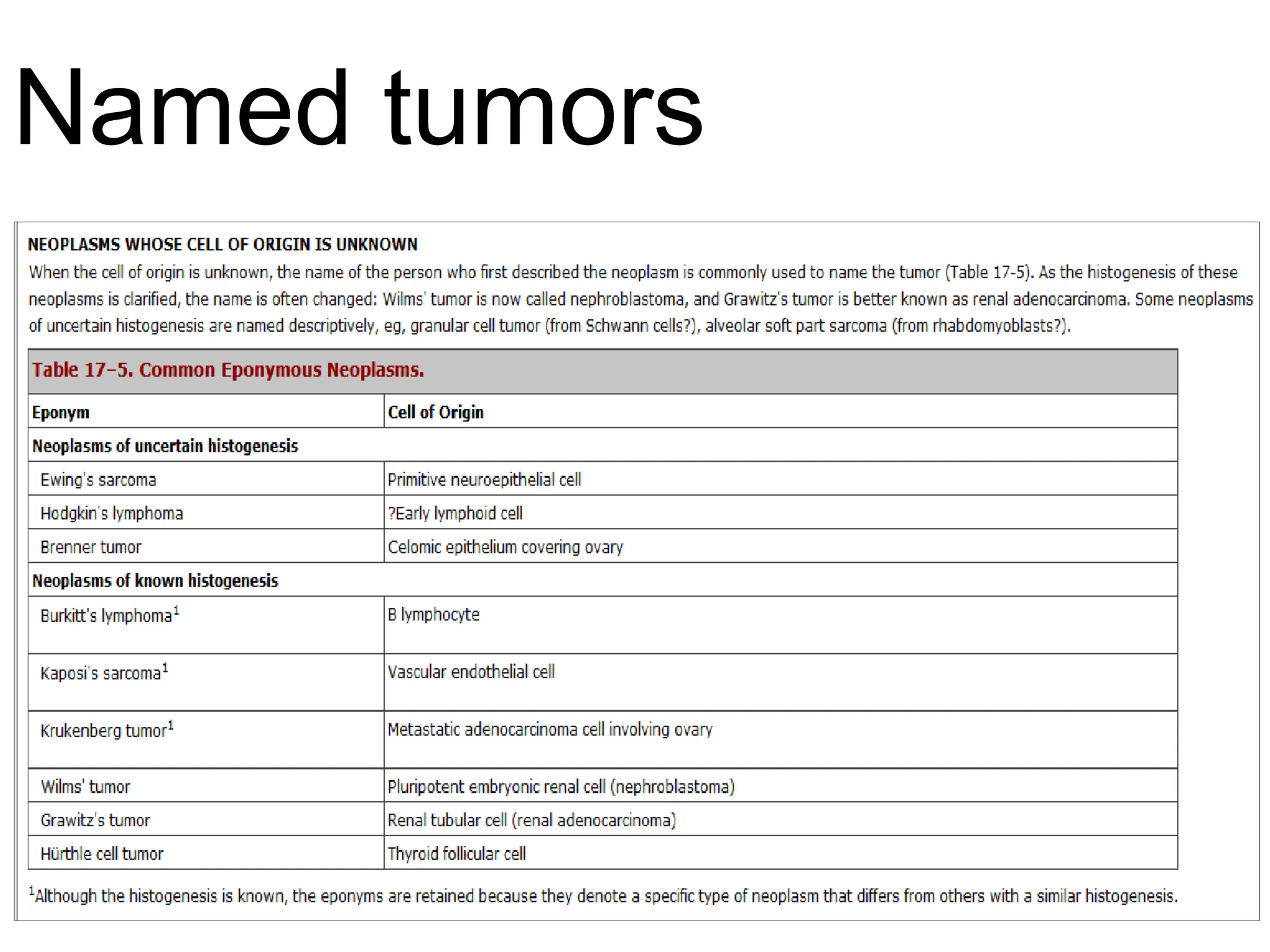 Named tumors
 