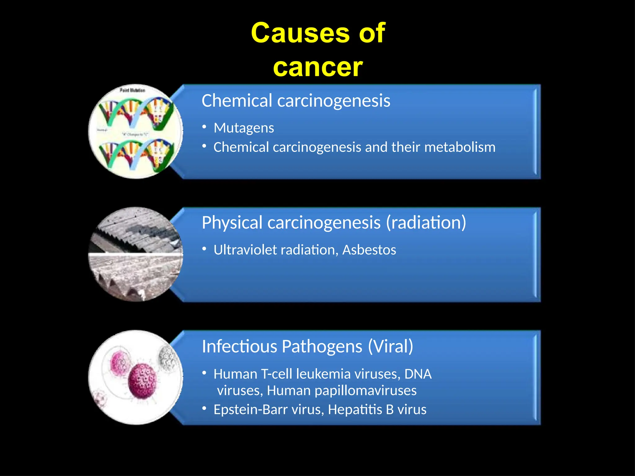 Causes of
cancer
Three major type of
carcinogens
Chemical carcinogenesis
• Mutagens
• Chemical carcinogenesis and their metabolism
Physical carcinogenesis (radiation)
• Ultraviolet radiation, Asbestos
Infectious Pathogens (Viral)
• Human T-cell leukemia viruses, DNA
viruses, Human papillomaviruses
• Epstein-Barr virus, Hepatitis B virus
 