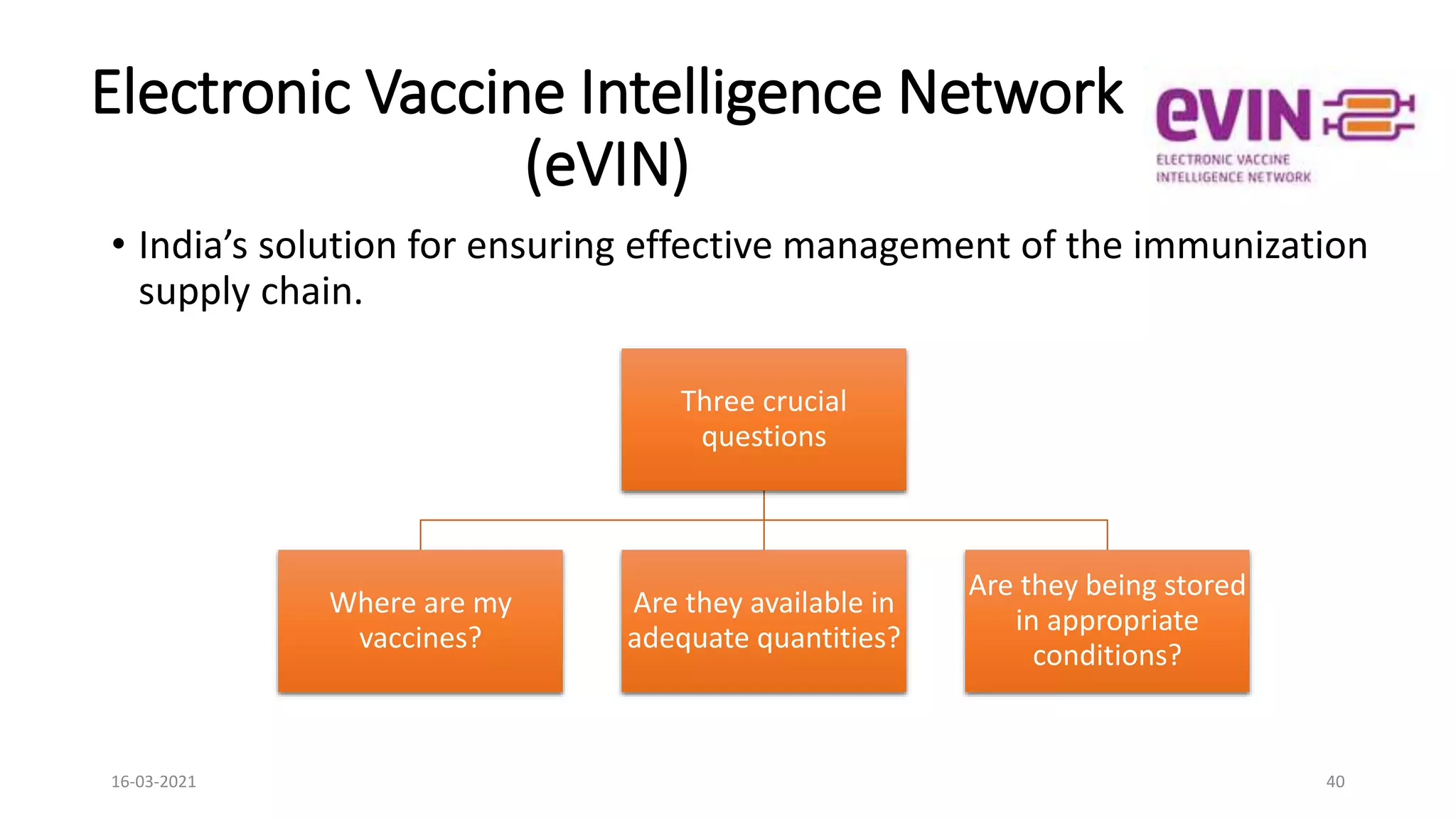 Electronic Vaccine Intelligence Network
(eVIN)
• India’s solution for ensuring effective management of the immunization
supply chain.
16-03-2021 40
Three crucial
questions
Where are my
vaccines?
Are they available in
adequate quantities?
Are they being stored
in appropriate
conditions?
 