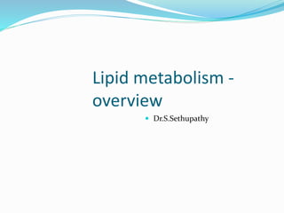 Lipid metabolism -
overview
 Dr.S.Sethupathy
 