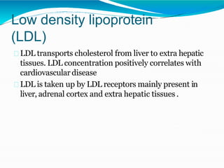 Lipid profile (Reference range)
Total serum cholesterol :140– 200 mg/dL
Serum LDL cholesterol – less than 100mg/dl
Serum t...