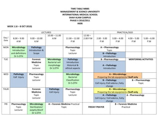 TIME TABLE MBBS
                                                          MANAGEMENT & SCIENCE UNIVERSITY
                                                           INTERNATIONAL MEDICAL SCHOOL
                                                                SHAH ALAM CAMPUS
                                                                 PHASE II 2010/2011
                                                                        A606
   WEEK 1 (4 – 8 OCT 2010)

                                      LECTURES                                                                    PRACTICAL/SGD
                                           10.00 – 11.00                        12.00 –
Day /    8.00 – 9.00       9.00 – 10.00        A.M            11.00 – 12.00     2.00 P.M    2.00 - 3.00     3.00 – 4.00     4.00 – 5.00    5.00 – 6.00
Date        A.M                A.M                                P.M                          P.M             P.M             P.M            P.M

MON      Microbiology       Pathology                         Pharmacology                      A – Pharmacology
         Introduction     Introduction &                          Topic                                Topic
        and definitions        Scope                            Lecturer                          B – Pathology
           Dr S.OTH                                                                                Introduction
TUE                         Forensic       Microbiology         Pathology                       B - Pharmacology            MENTORING ACTIVITIES
                            Medicine       Bacterial cell      Introduction
                             Topic         morphology           Historical &                      A – Pathology
                            Lecturer        Dr S.OTH          ethical aspects                      Introduction

WED       Pathology       Pharmacology                        Microbiology                                A – Microbiology
          Cell Injury         Topic                             Bacterial                   Preparing the lab equipments/ Staff only
                            Lecturer                          Classification                       B – Pathology                  B – Pharmacology
                                                                Dr S.OTH                  Cell Injury /Cell edema ,Fatty                Topic
                                                                                                       change
THUR                        Forensic        Pathology         Pharmacology                                B – Microbiology
                            Medicine        Cell Injury           Topic                     Preparing the lab equipments /Staff only
                             Topic                              Lecturer                           A – Pathology            A - Pharmacology
                            Lecturer                                                      Cell Injury / Cell edema ,Fatty
                                                                                                       change
FRI     Pharmacology      Microbiology      A – Forensic Medicine Practical                                     B – Forensic Medicine
            Topic         Sterilization/                 Topic                      FRIDAY PRAYER                      Practical
          Lecturer        aseptic/disinf
                            Dr S.OTH
 