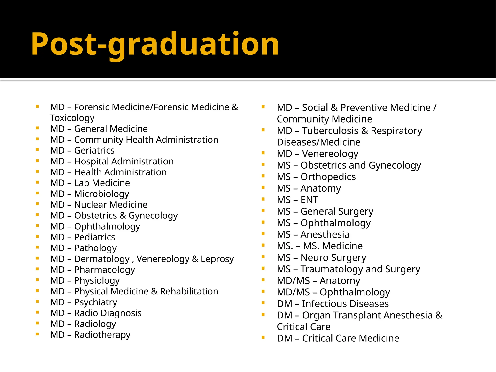 Post-graduation
 MD – Forensic Medicine/Forensic Medicine &
Toxicology
 MD – General Medicine
 MD – Community Health Administration
 MD – Geriatrics
 MD – Hospital Administration
 MD – Health Administration
 MD – Lab Medicine
 MD – Microbiology
 MD – Nuclear Medicine
 MD – Obstetrics & Gynecology
 MD – Ophthalmology
 MD – Pediatrics
 MD – Pathology
 MD – Dermatology , Venereology & Leprosy
 MD – Pharmacology
 MD – Physiology
 MD – Physical Medicine & Rehabilitation
 MD – Psychiatry
 MD – Radio Diagnosis
 MD – Radiology
 MD – Radiotherapy
 MD – Social & Preventive Medicine /
Community Medicine
 MD – Tuberculosis & Respiratory
Diseases/Medicine
 MD – Venereology
 MS – Obstetrics and Gynecology
 MS – Orthopedics
 MS – Anatomy
 MS – ENT
 MS – General Surgery
 MS – Ophthalmology
 MS – Anesthesia
 MS. – MS. Medicine
 MS – Neuro Surgery
 MS – Traumatology and Surgery
 MD/MS – Anatomy
 MD/MS – Ophthalmology
 DM – Infectious Diseases
 DM – Organ Transplant Anesthesia &
Critical Care
 DM – Critical Care Medicine
 