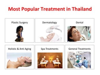 Most Popular Treatment in Thailand
DentalDermatology
Spa Treatments
Plastic Surgery
General TreatmentsHolistic & Anti Aging
 