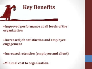 Key Benefits•Improved performance at all levels of the organization•Increased job satisfaction and employee engagement•Increased retention (employee and client)•Minimal cost to organization.