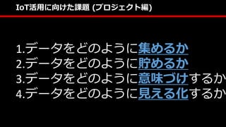 IoT活用に向けた課題 (プロジェクト編)
1.データをどのように集めるか
2.データをどのように貯めるか
3.データをどのように意味づけするか
4.データをどのように見える化するか
 