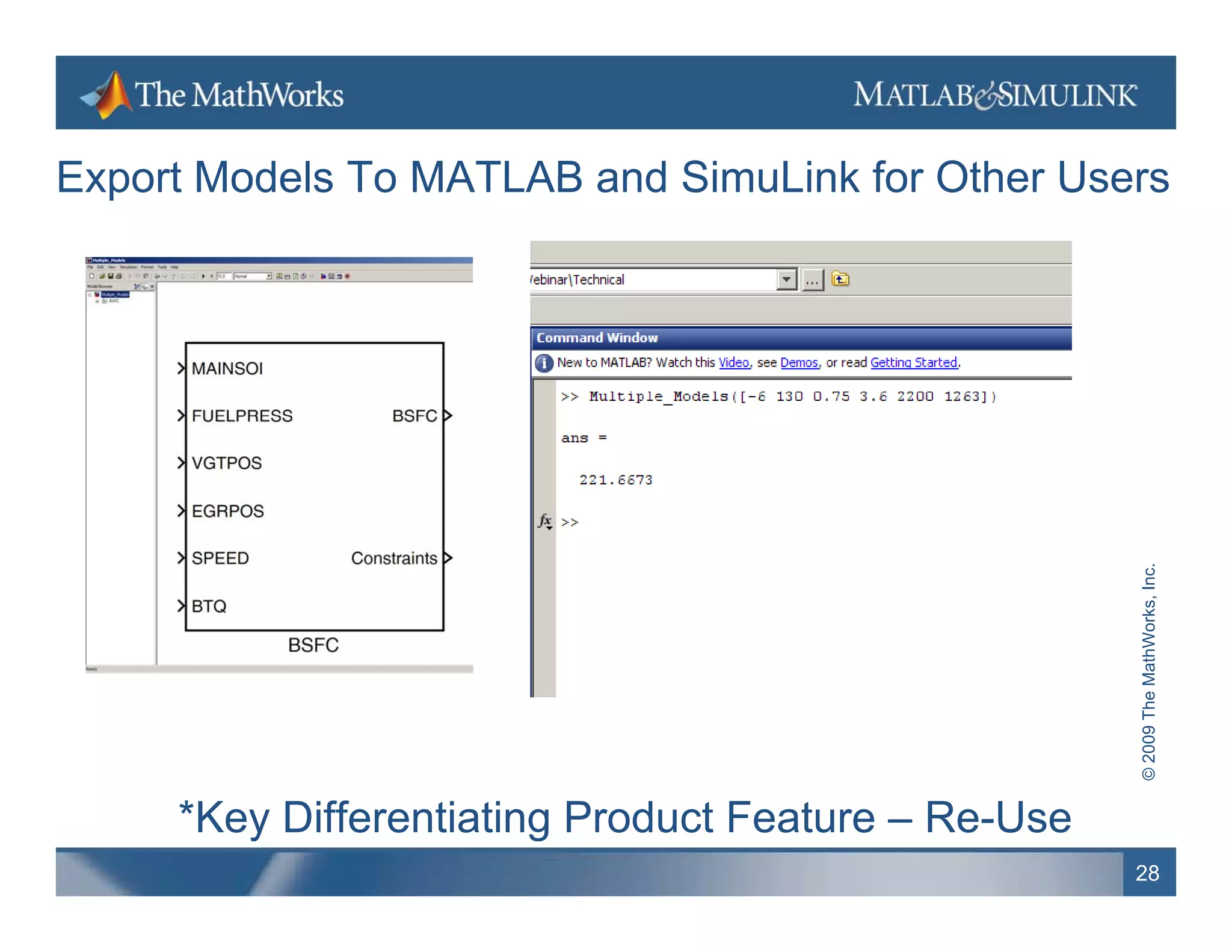 Export Models To MATLAB and SimuLink for Other Users




                                                                   hWorks, Inc.
                                                     © 2009 The Math
     *Key Differentiating Product Feature – Re-Use
                                                     28
 