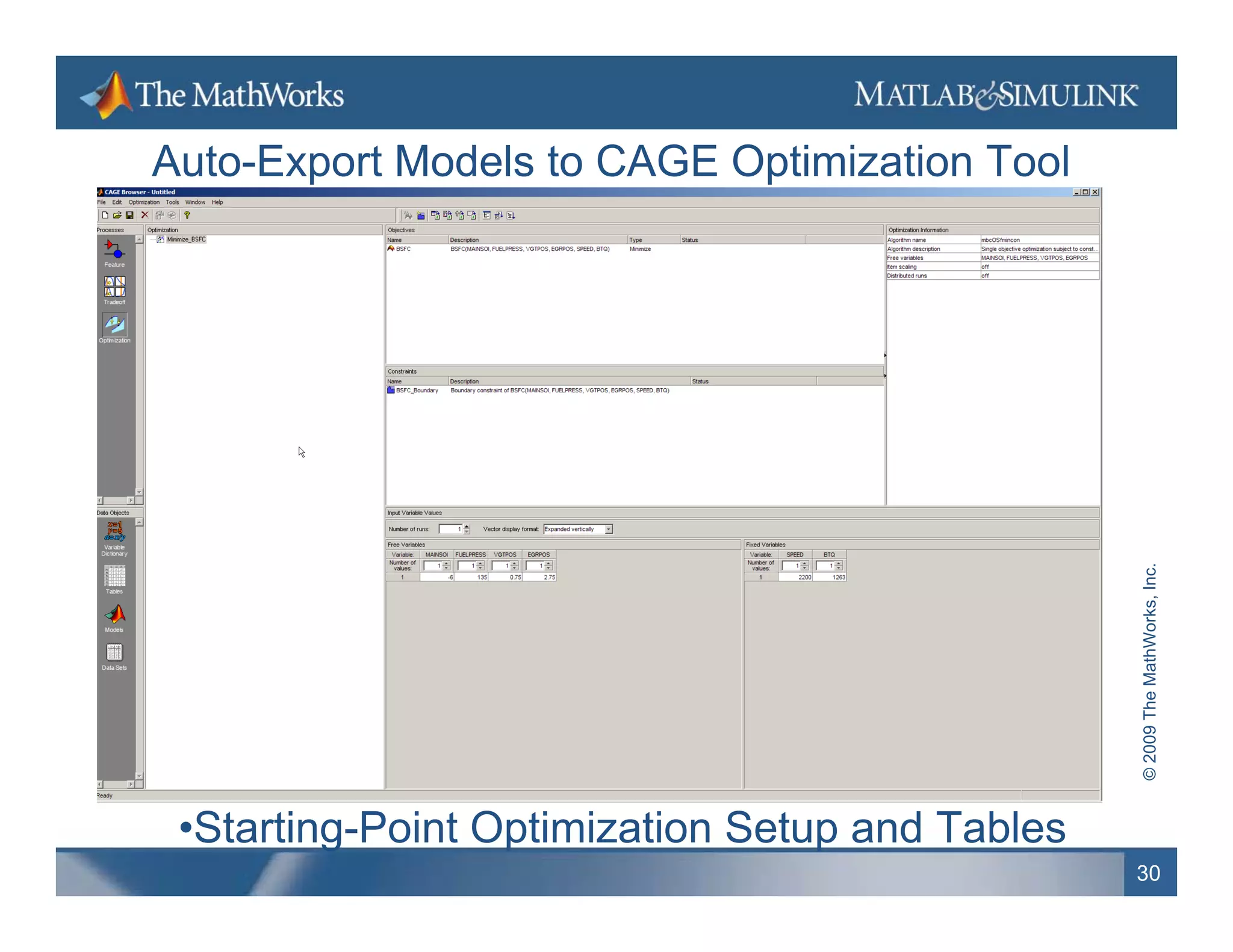 Auto Export
Auto-Export Models to CAGE Optimization Tool




                                                               hWorks, Inc.
                                                 © 2009 The Math
 •Starting-Point Optimization Setup and Tables
                                                 30
 