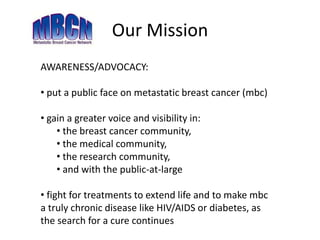 Metastatic Breast Cancer Network
MBCN is a national, independent, patient-
led, non-profit advocacy group, dedicated
to the unique concerns of the women and
men living with metastatic breast cancer.
 