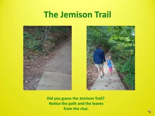 The Jemison Trail




Did you guess the Jemison Trail?
 Notice the path and the leaves
         from the clue.
 