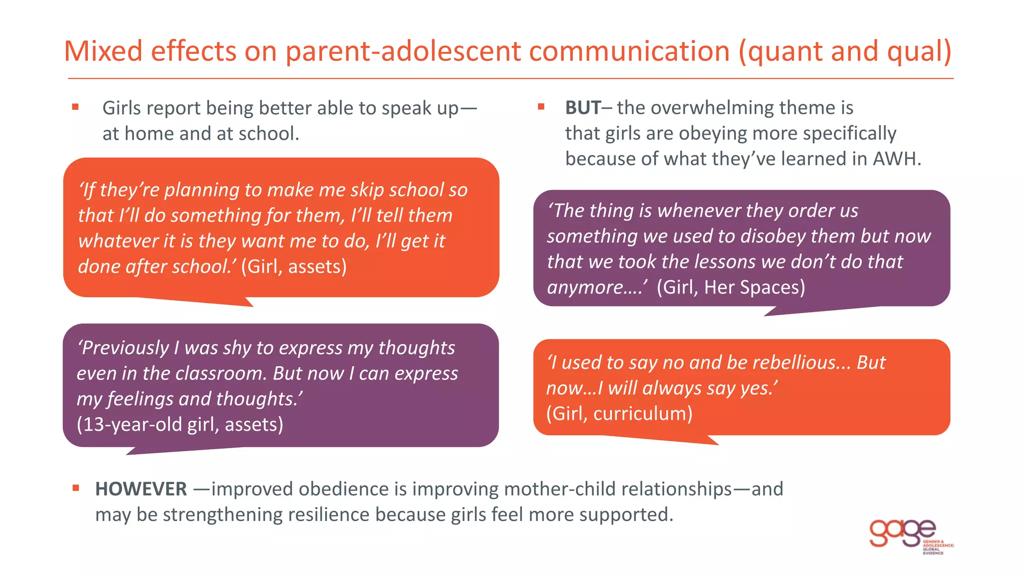 Mixed effects on parent-adolescent communication (quant and qual)
‘Previously I was shy to express my thoughts
even in the classroom. But now I can express
my feelings and thoughts.’
(13-year-old girl, assets)
‘If they’re planning to make me skip school so
that I’ll do something for them, I’ll tell them
whatever it is they want me to do, I’ll get it
done after school.’ (Girl, assets)
 Girls report being better able to speak up—
at home and at school.
 BUT– the overwhelming theme is
that girls are obeying more specifically
because of what they’ve learned in AWH.
‘The thing is whenever they order us
something we used to disobey them but now
that we took the lessons we don’t do that
anymore….’ (Girl, Her Spaces)
‘I used to say no and be rebellious... But
now…I will always say yes.’
(Girl, curriculum)
 HOWEVER —improved obedience is improving mother-child relationships—and
may be strengthening resilience because girls feel more supported.
 