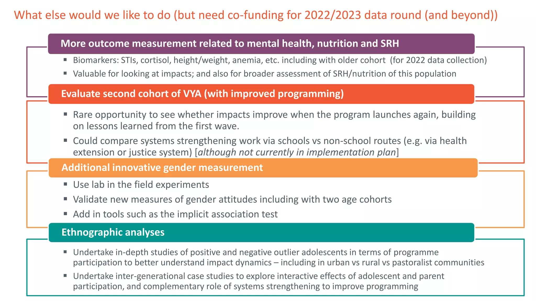  Undertake in-depth studies of positive and negative outlier adolescents in terms of programme
participation to better understand impact dynamics – including in urban vs rural vs pastoralist communities
 Undertake inter-generational case studies to explore interactive effects of adolescent and parent
participation, and complementary role of systems strengthening to improve programming
What else would we like to do (but need co-funding for 2022/2023 data round (and beyond))
 Biomarkers: STIs, cortisol, height/weight, anemia, etc. including with older cohort (for 2022 data collection)
 Valuable for looking at impacts; and also for broader assessment of SRH/nutrition of this population
More outcome measurement related to mental health, nutrition and SRH
 Rare opportunity to see whether impacts improve when the program launches again, building
on lessons learned from the first wave.
 Could compare systems strengthening work via schools vs non-school routes (e.g. via health
extension or justice system) [although not currently in implementation plan]
Evaluate second cohort of VYA (with improved programming)
 Use lab in the field experiments
 Validate new measures of gender attitudes including with two age cohorts
 Add in tools such as the implicit association test
Additional innovative gender measurement
Ethnographic analyses
 