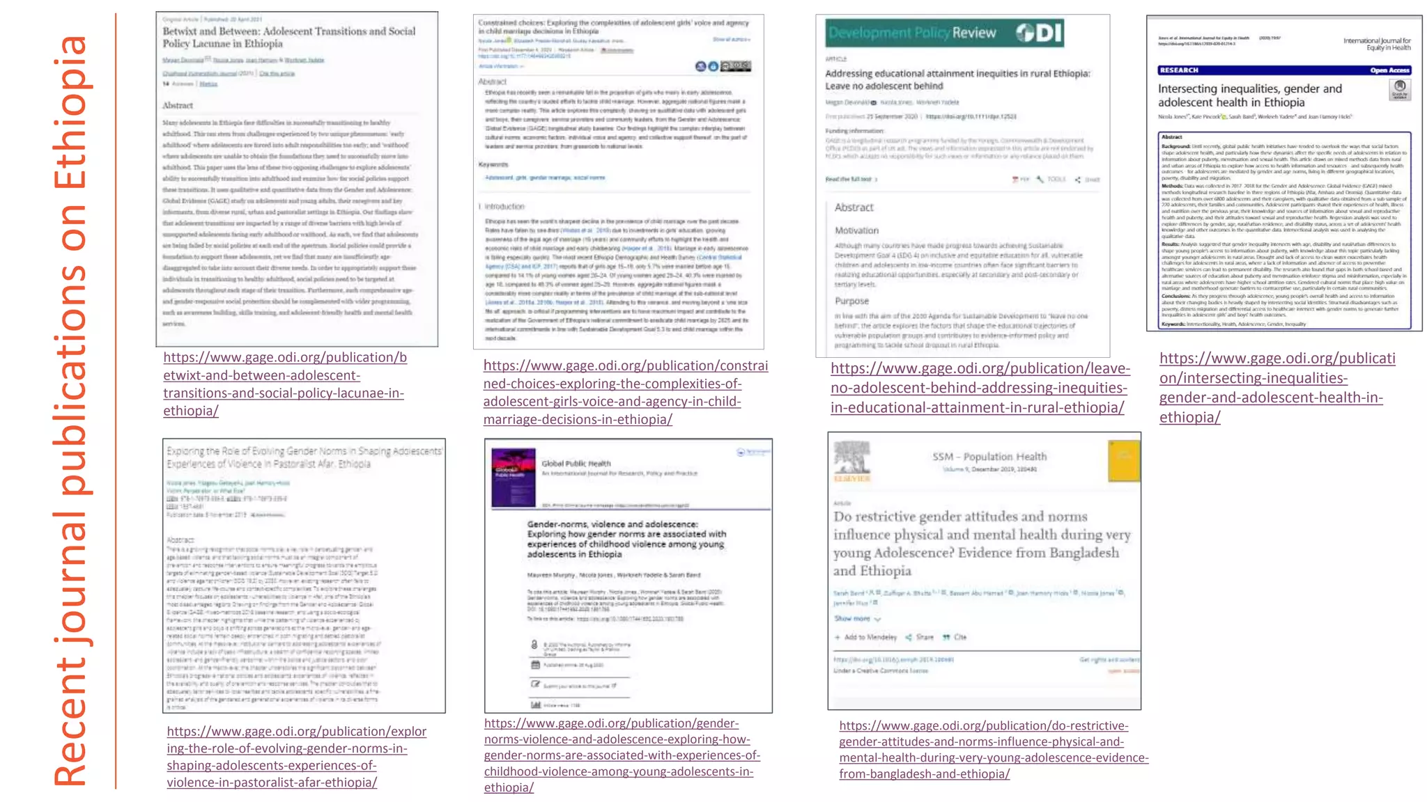 Recent
journal
publications
on
Ethiopia
https://www.gage.odi.org/publication/b
etwixt-and-between-adolescent-
transitions-and-social-policy-lacunae-in-
ethiopia/
https://www.gage.odi.org/publication/constrai
ned-choices-exploring-the-complexities-of-
adolescent-girls-voice-and-agency-in-child-
marriage-decisions-in-ethiopia/
https://www.gage.odi.org/publication/leave-
no-adolescent-behind-addressing-inequities-
in-educational-attainment-in-rural-ethiopia/
https://www.gage.odi.org/publication/gender-
norms-violence-and-adolescence-exploring-how-
gender-norms-are-associated-with-experiences-of-
childhood-violence-among-young-adolescents-in-
ethiopia/
https://www.gage.odi.org/publication/do-restrictive-
gender-attitudes-and-norms-influence-physical-and-
mental-health-during-very-young-adolescence-evidence-
from-bangladesh-and-ethiopia/
https://www.gage.odi.org/publicati
on/intersecting-inequalities-
gender-and-adolescent-health-in-
ethiopia/
https://www.gage.odi.org/publication/explor
ing-the-role-of-evolving-gender-norms-in-
shaping-adolescents-experiences-of-
violence-in-pastoralist-afar-ethiopia/
 