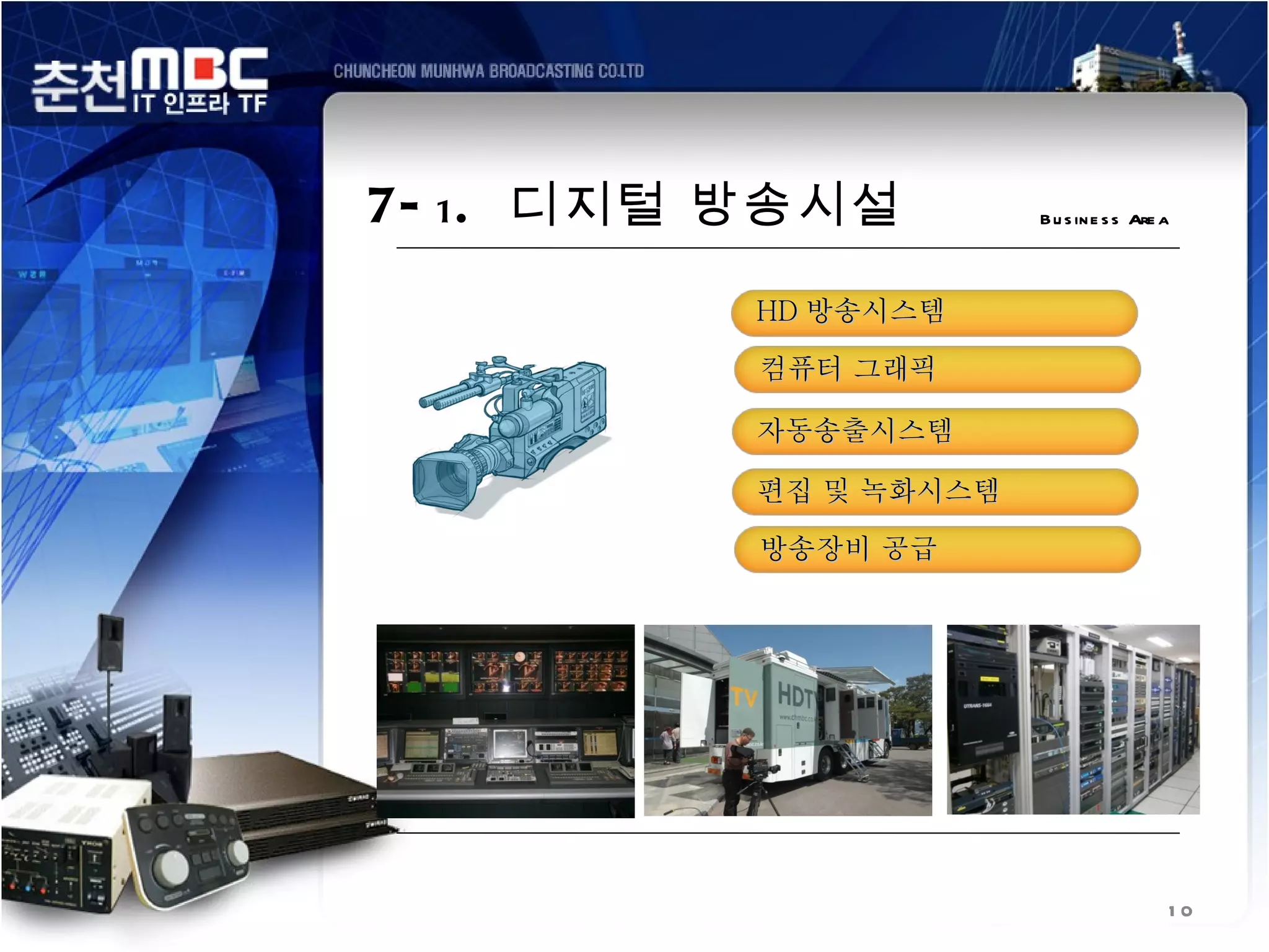 7- 1 . 디지털 방송시설        B u s in e s s Are a



          HD 방송시스템

           컴퓨터 그래픽

          자동송출시스템

          편집 및 녹화시스템

           방송장비 공급




                                          10
 