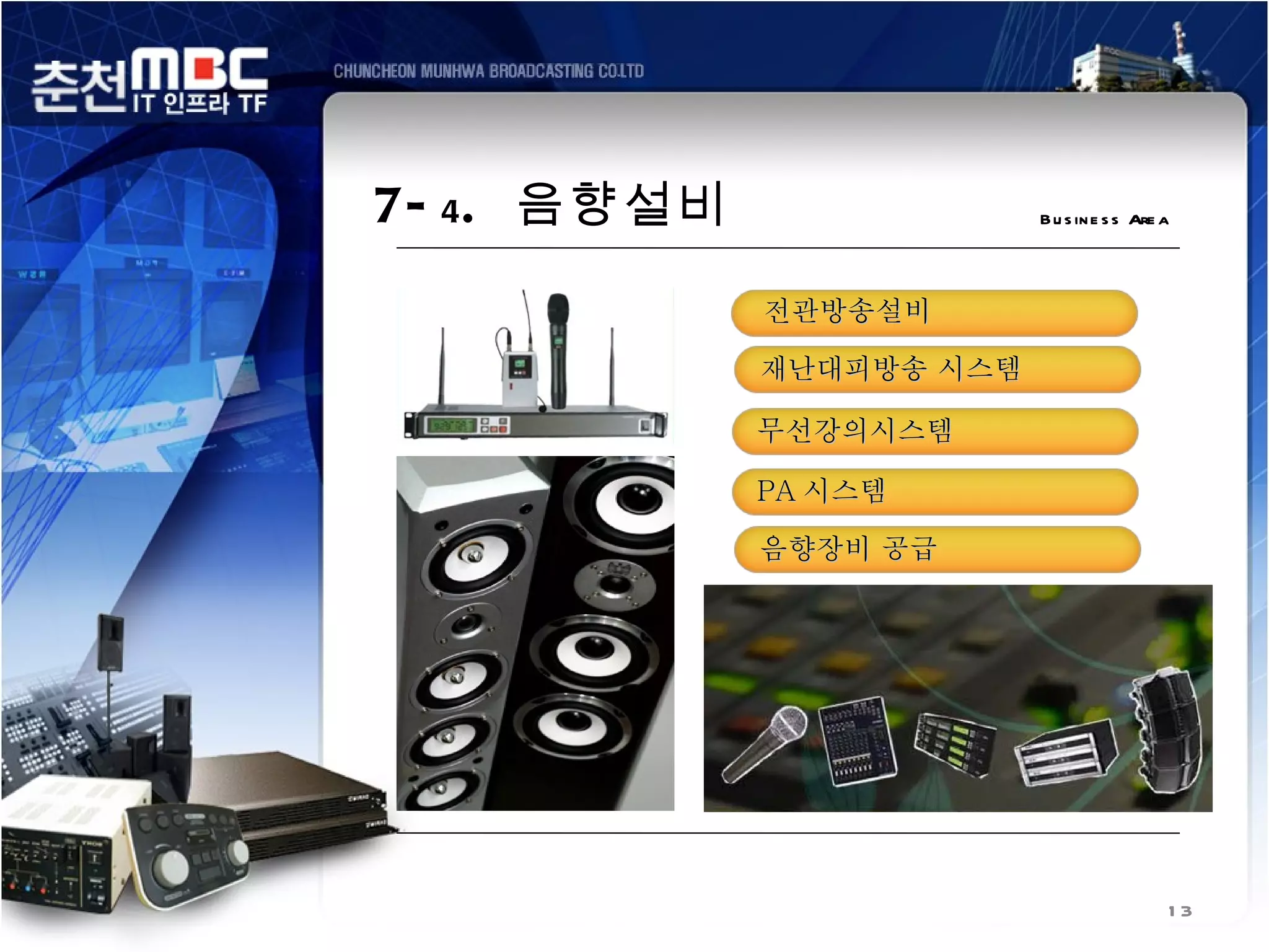 7- 4 . 음향설비                B u s in e s s Are a



              전관방송설비

              재난대피방송 시스템

              무선강의시스템

              PA 시스템

              음향장비 공급




                                              13
 