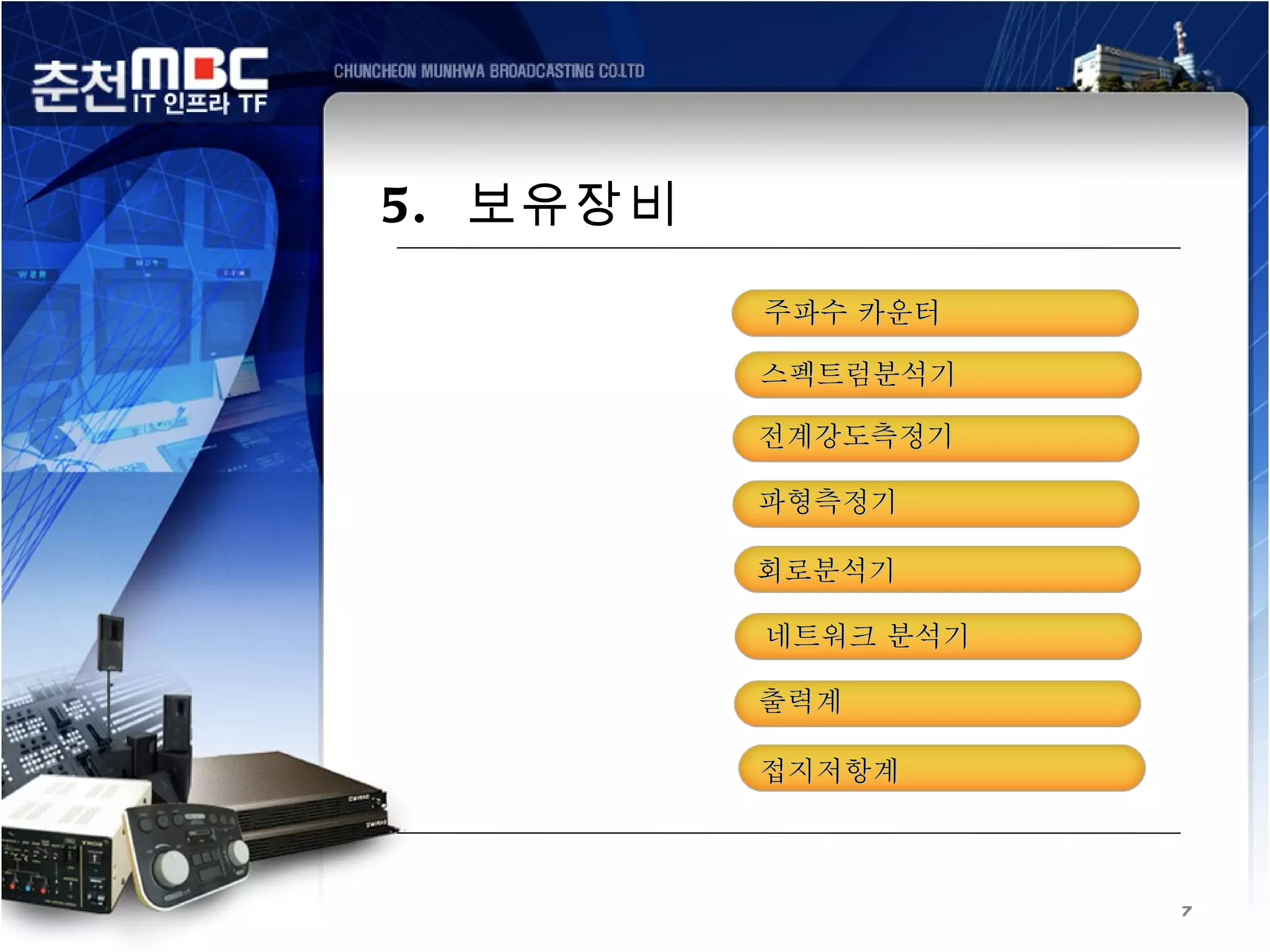 5. 보유장비

          주파수 카운터

          스펙트럼분석기

          전계강도측정기

          파형측정기

          회로분석기

          네트워크 분석기

          출력계

          접지저항계



                     7
 