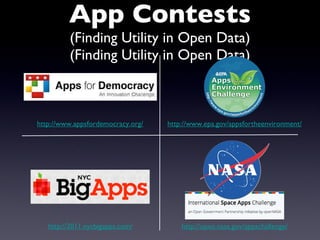 App Contests (Finding Utility in Open Data) (Finding Utility in Open Data) http://open.nasa.gov/appschallenge/ http://www.epa.gov/appsfortheenvironment/ http://2011.nycbigapps.com/ http://www.appsfordemocracy.org/ 