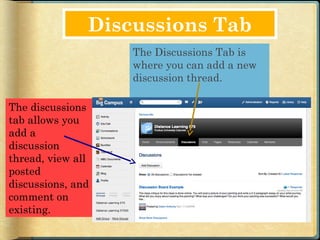 Discussions Tab
                   The Discussions Tab is
                   where you can add a new
                   discussion thread.

The discussions
tab allows you
add a
discussion
thread, view all
posted
discussions, and
comment on
existing.
 