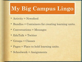 My Big Campus Lingo
 Activity = Newsfeed

 Bundles = Containers for creating learning units.

 Conversations = Messages

 EduTalk = Twitter

 Groups = Classes

 Pages = Place to hold learning units.

 Schoolwork = Assignments
 